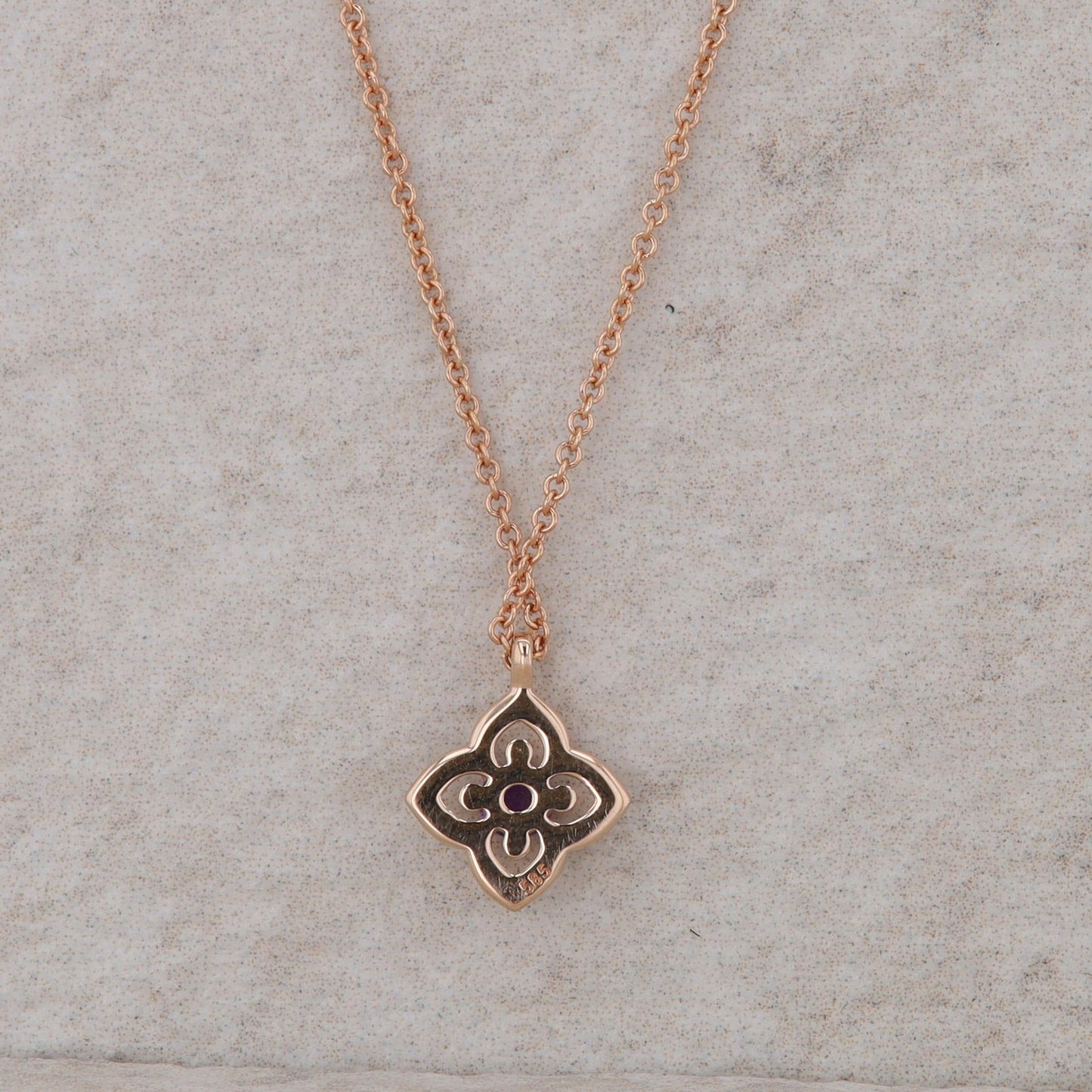 14k Rose Gold Floral Design Diamond Halo and Amethyst Necklace
