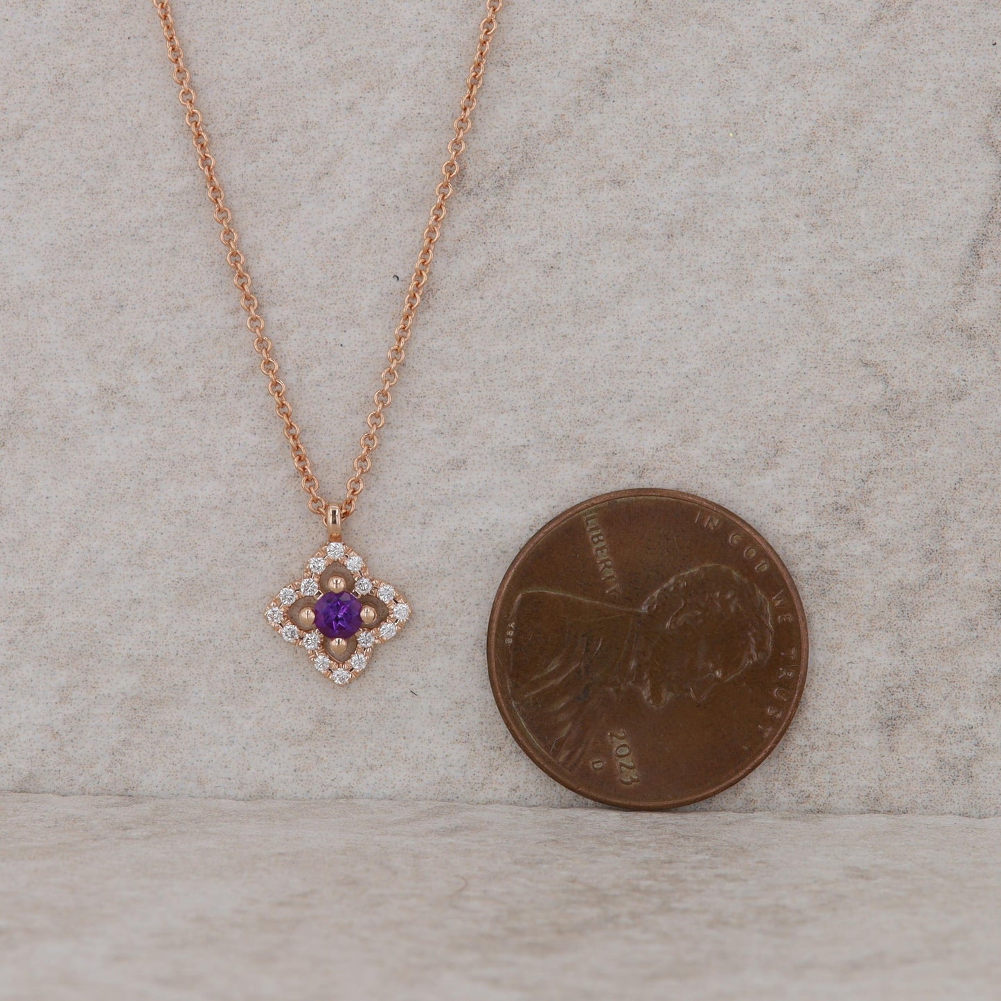 14k Rose Gold Floral Design Diamond Halo and Amethyst Necklace