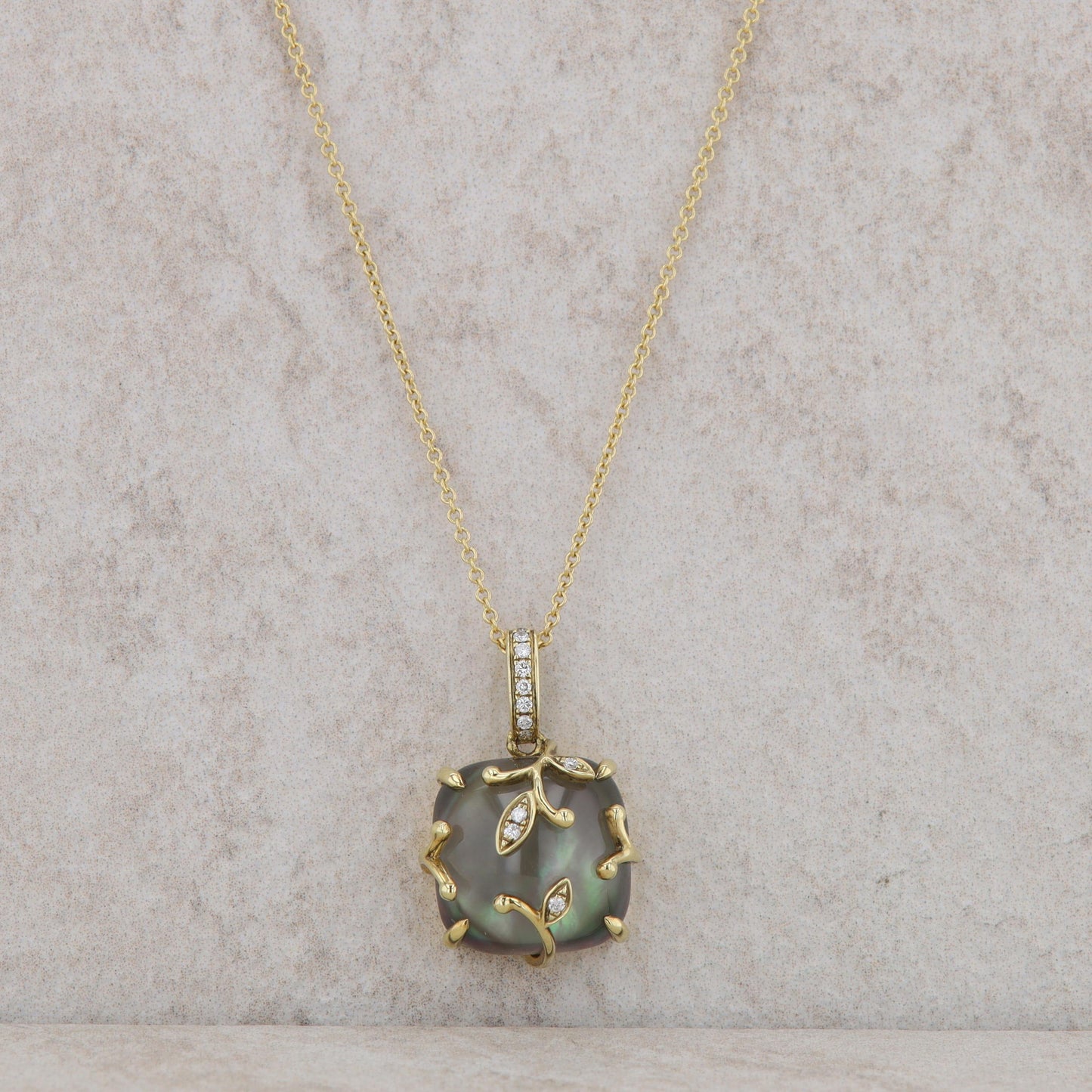 18k Yellow Gold White Topaz, Diamond, and Black Mother of Pearl Necklace
