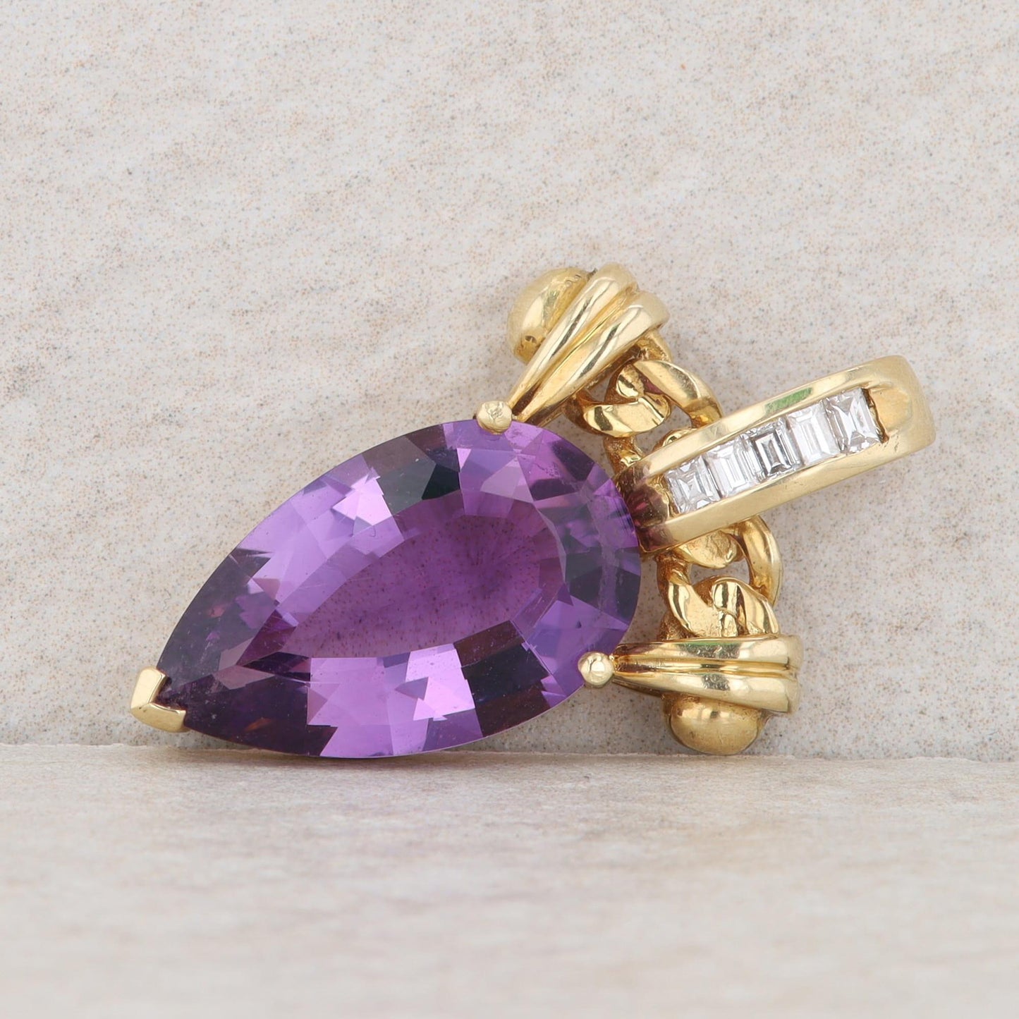 18k Yellow Gold Pear Amethyst & Baguette Diamond Chain Link Enhancer Pendant