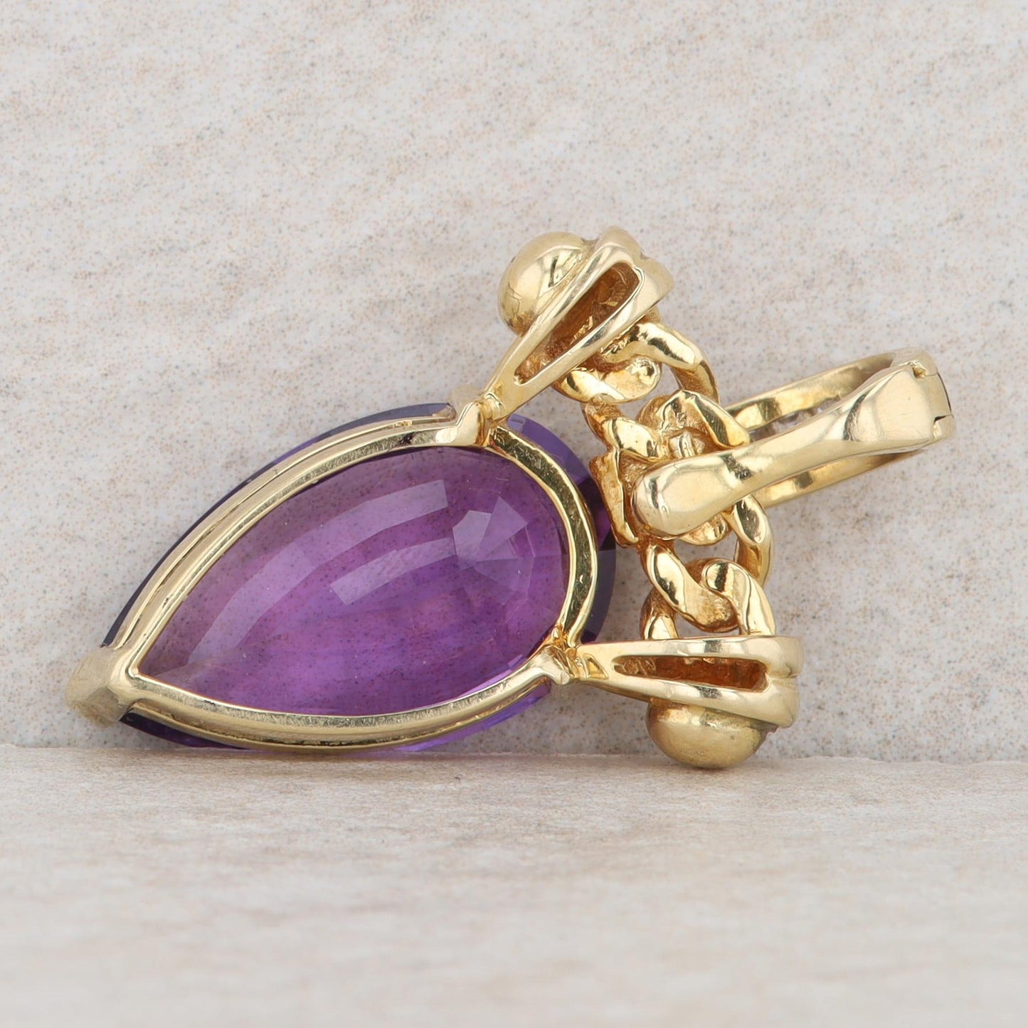 18k Yellow Gold Pear Amethyst & Baguette Diamond Chain Link Enhancer Pendant