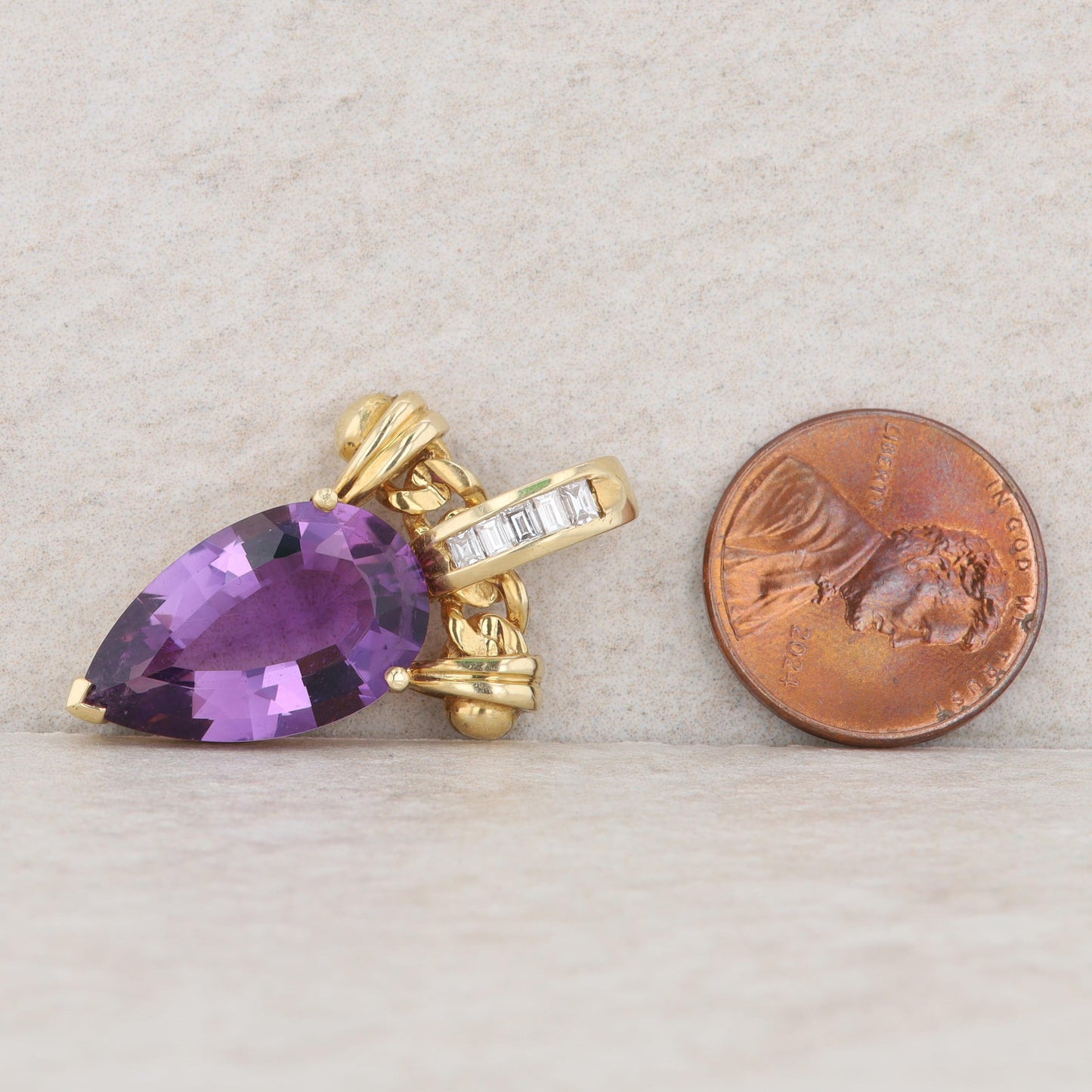 18k Yellow Gold Pear Amethyst & Baguette Diamond Chain Link Enhancer Pendant