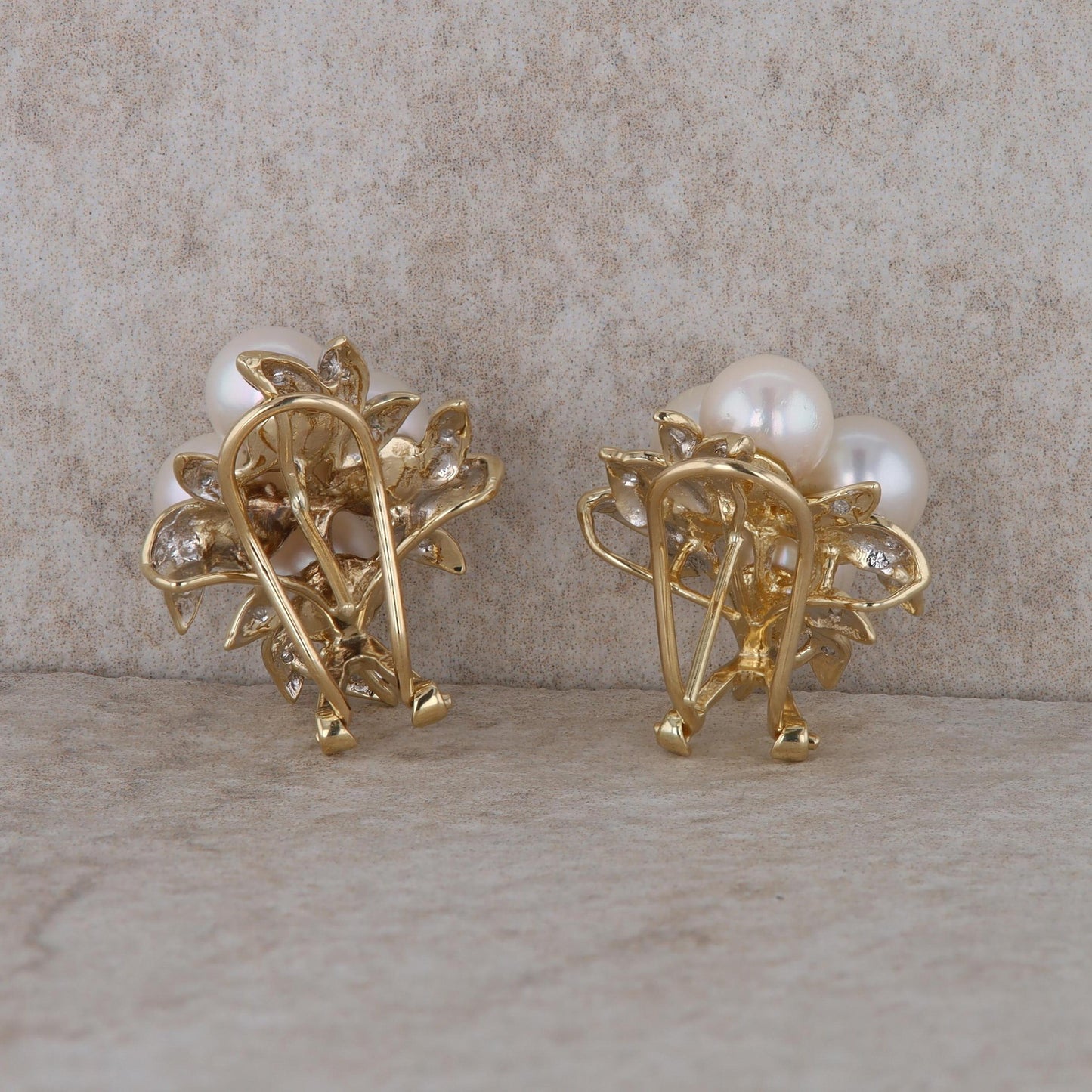 14k Yellow Gold Diamond and Freshwater Cultured Pearl Cluster Earrings