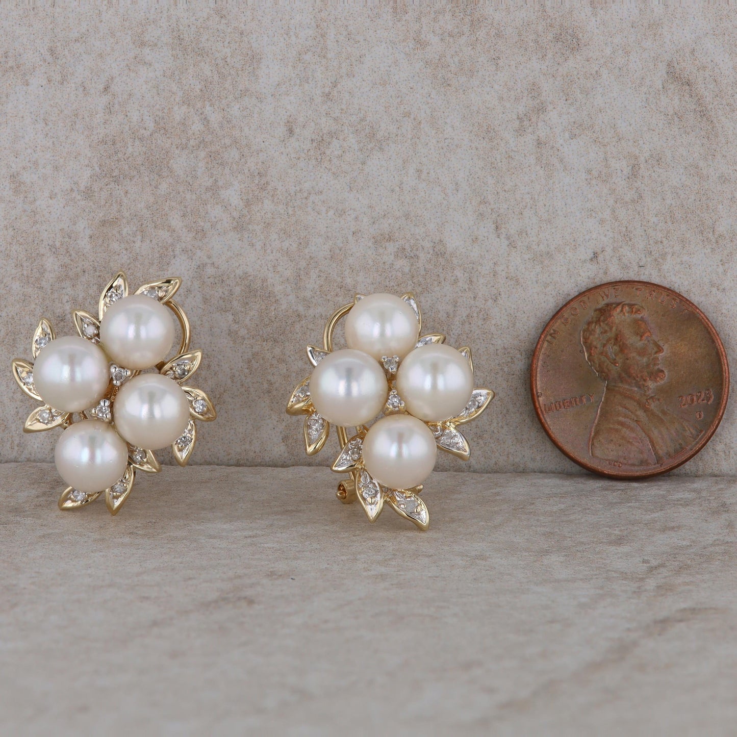 14k Yellow Gold Diamond and Freshwater Cultured Pearl Cluster Earrings