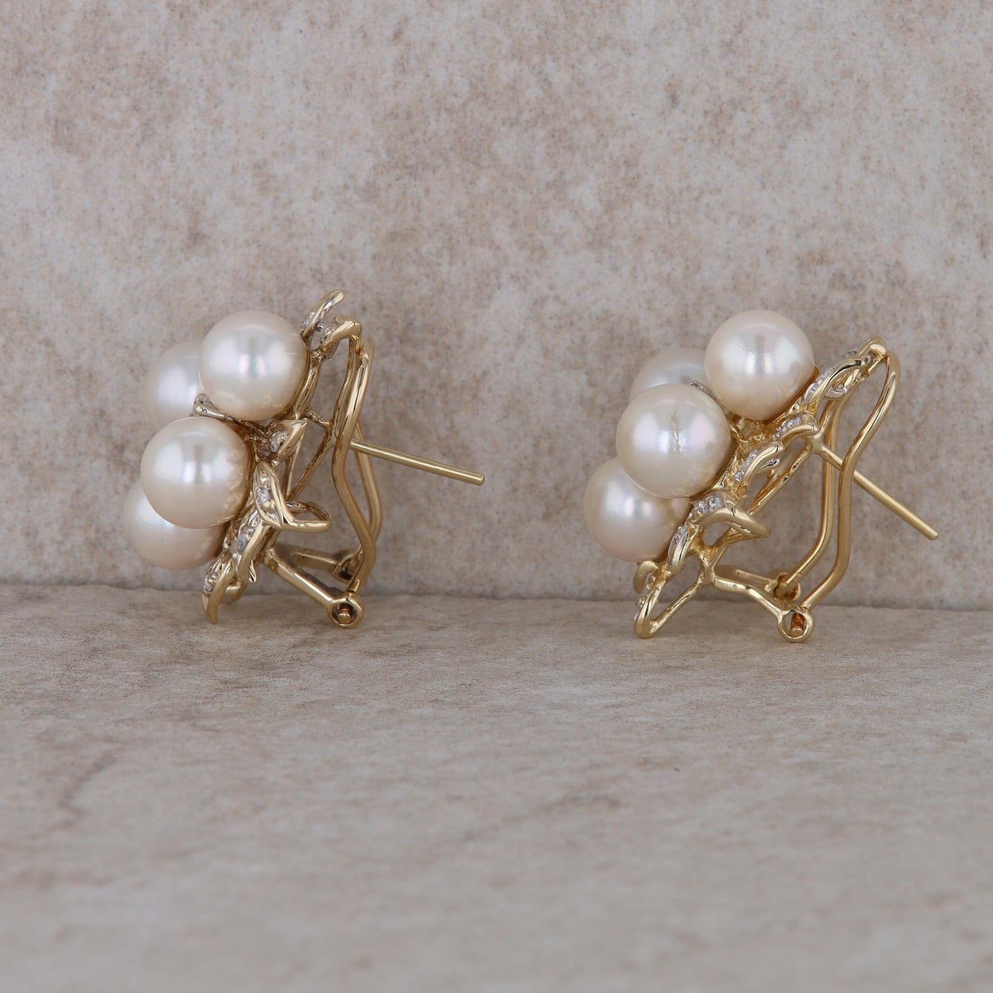 14k Yellow Gold Diamond and Freshwater Cultured Pearl Cluster Earrings