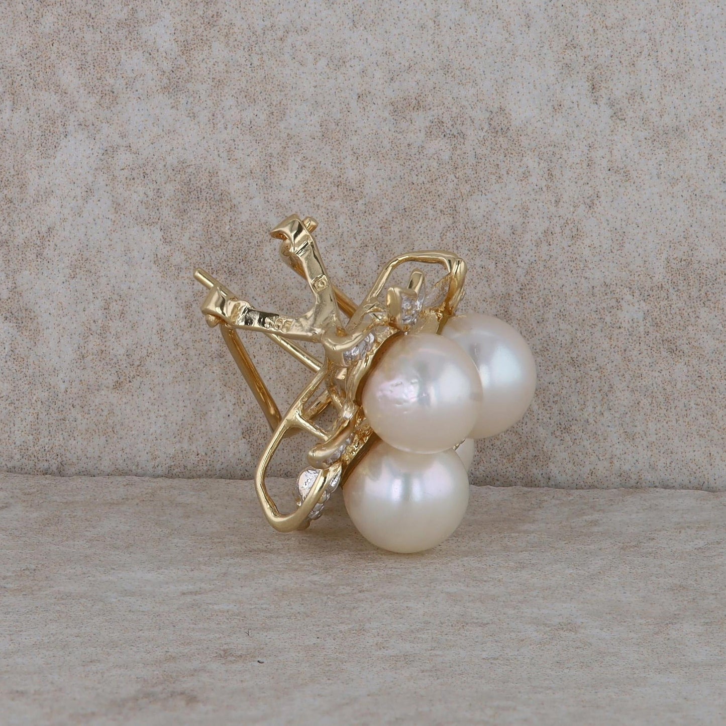 14k Yellow Gold Diamond and Freshwater Cultured Pearl Cluster Earrings