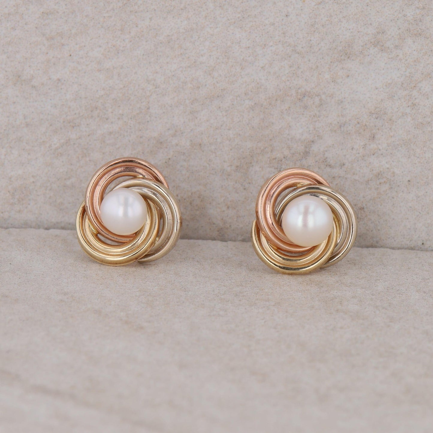 14k Tri Color Love Knot Freshwater Cultured Pearl Stud Earrings