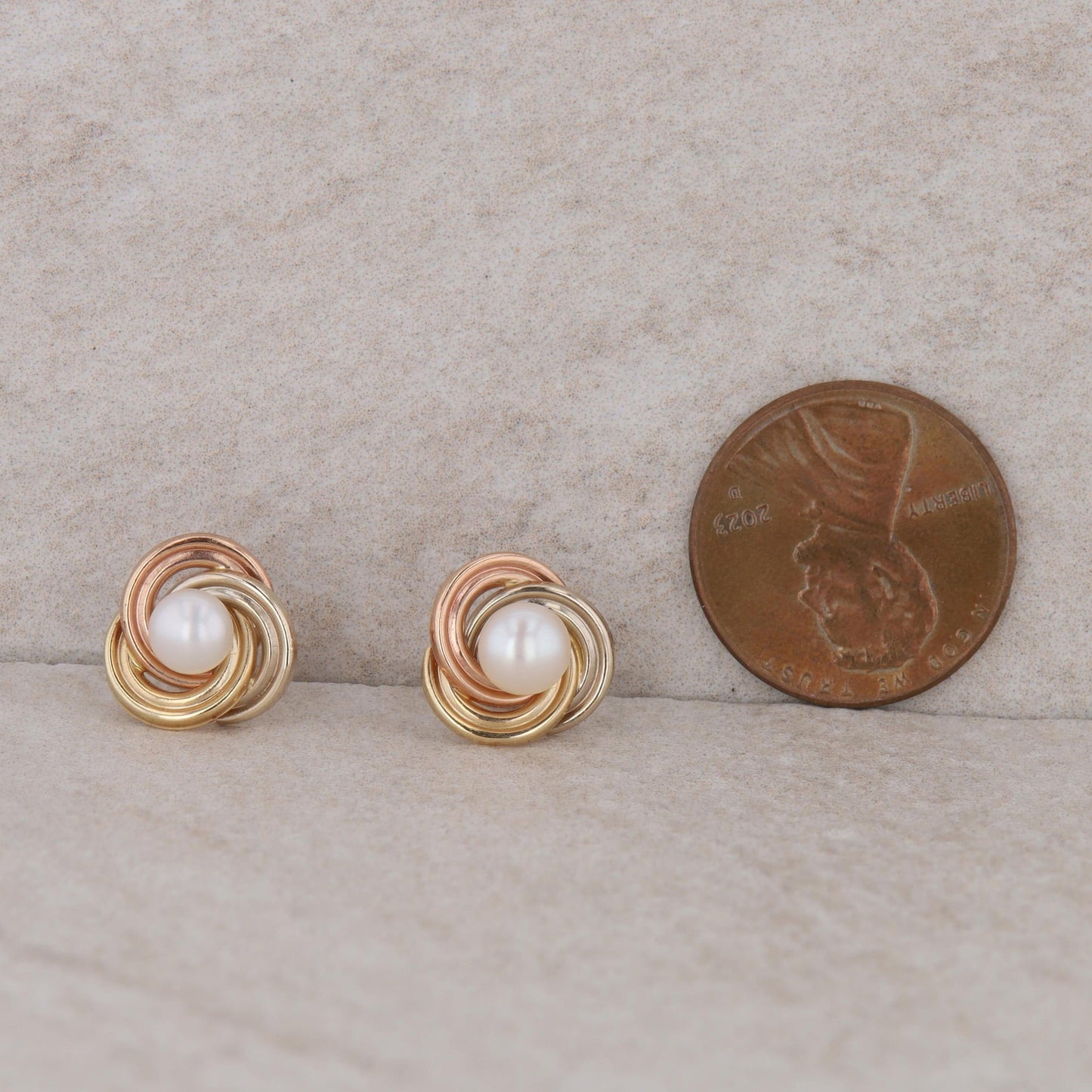 14k Tri Color Love Knot Freshwater Cultured Pearl Stud Earrings