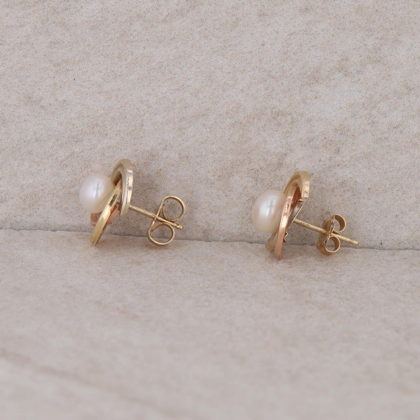14k Tri Color Love Knot Freshwater Cultured Pearl Stud Earrings