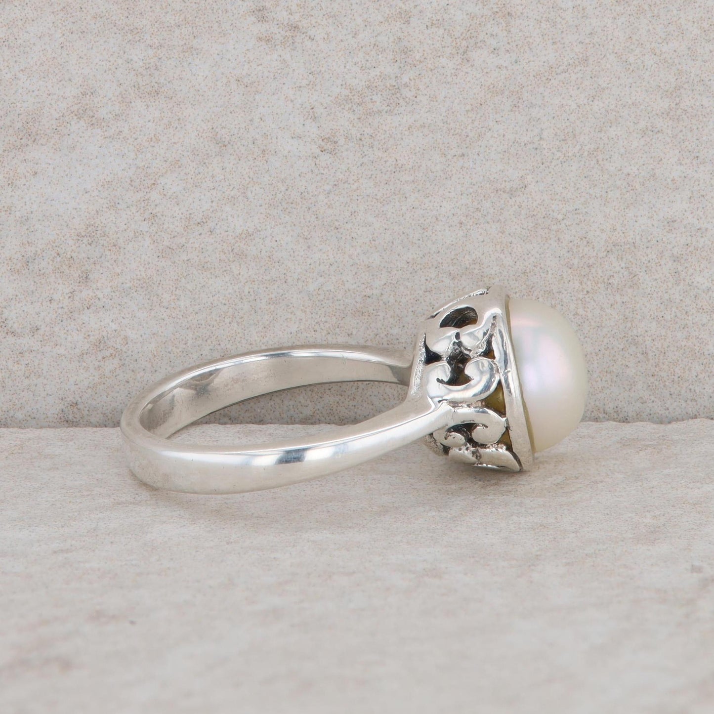 Sterling Silver Freshwater Cultured Pearl Filigree Ring