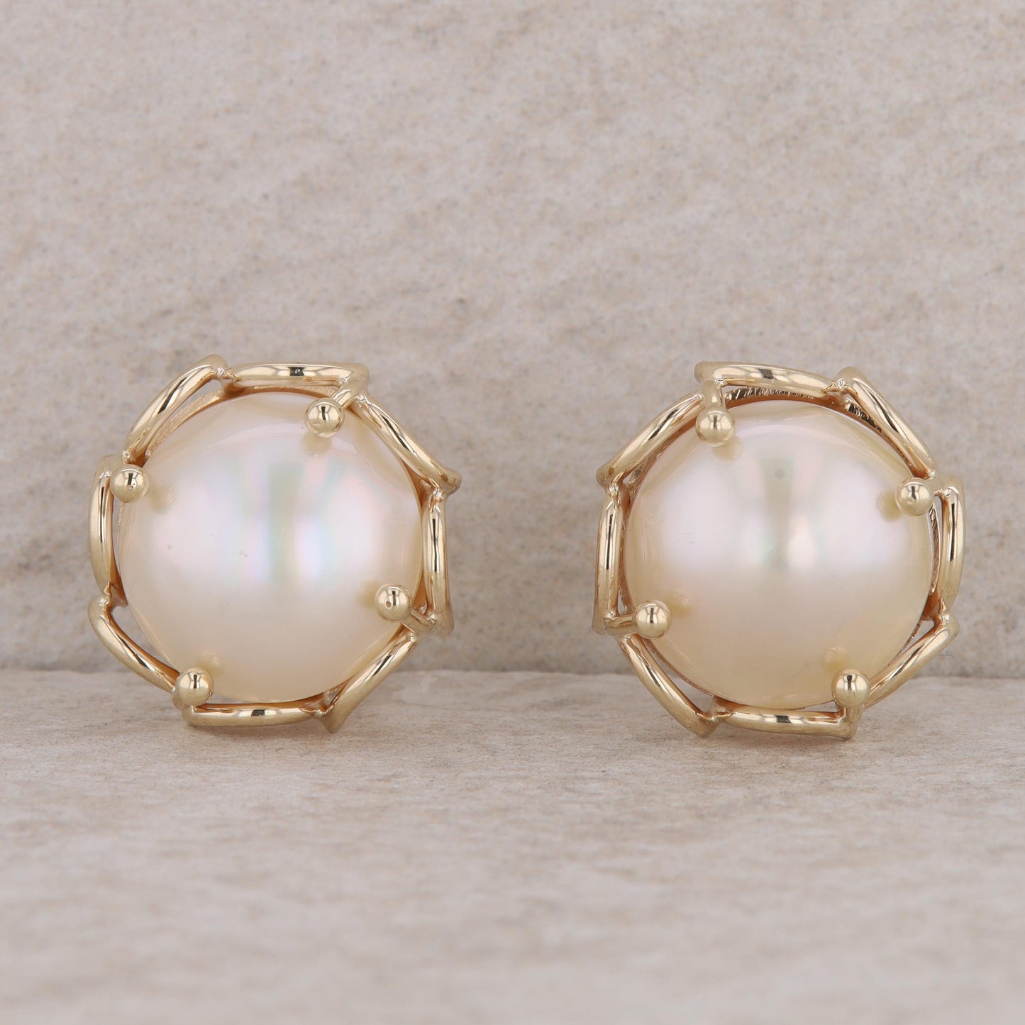 14k Yellow Gold 15mm Mabe Pearl Omega Back Stud Earrings