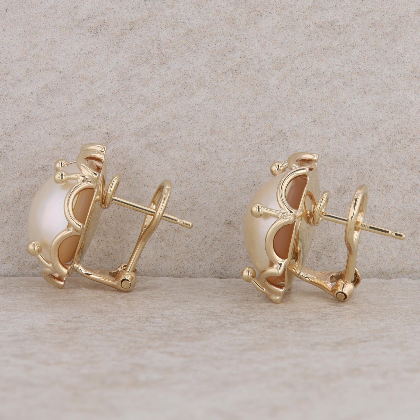 14k Yellow Gold 15mm Mabe Pearl Omega Back Stud Earrings