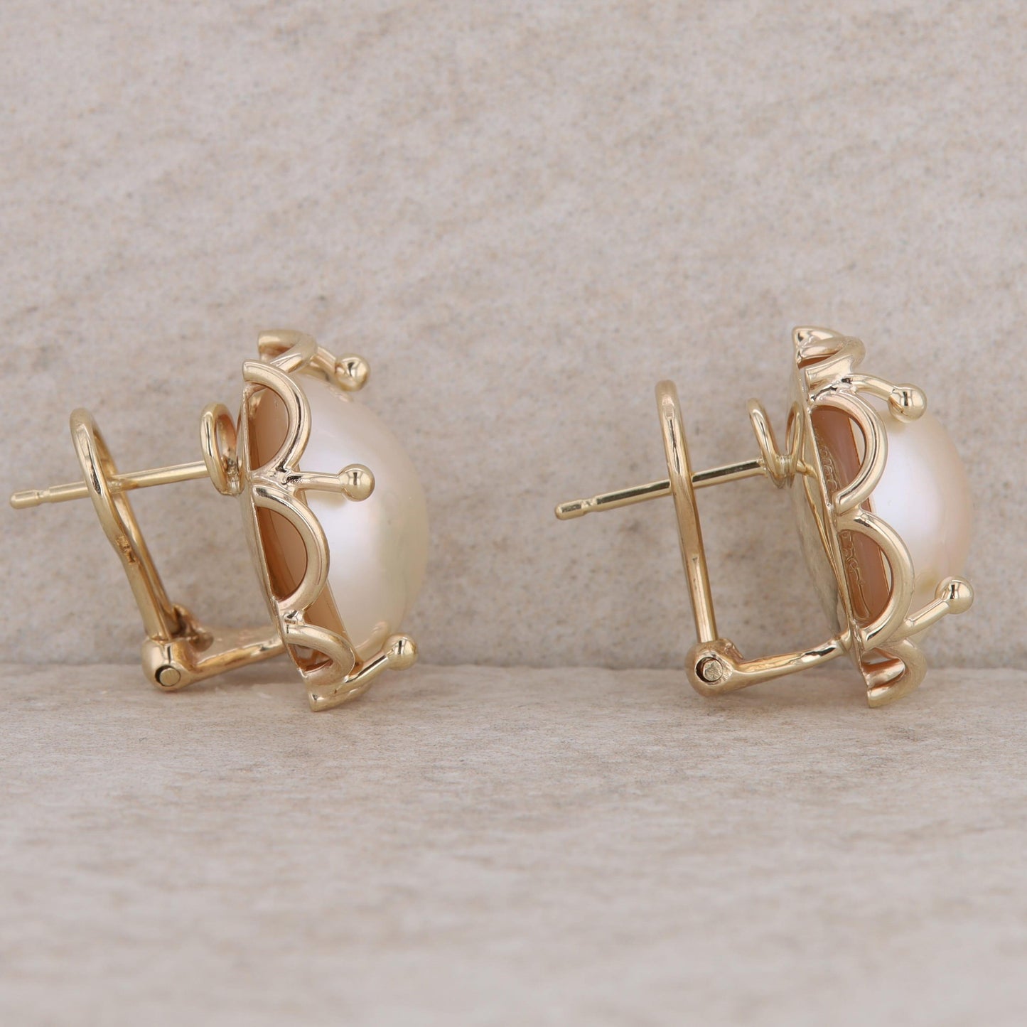 14k Yellow Gold 15mm Mabe Pearl Omega Back Stud Earrings