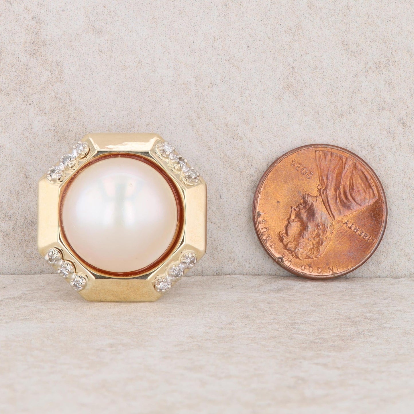 14k Yellow Gold Round Mabe Pearl & Diamond Octagon Stud Earrings