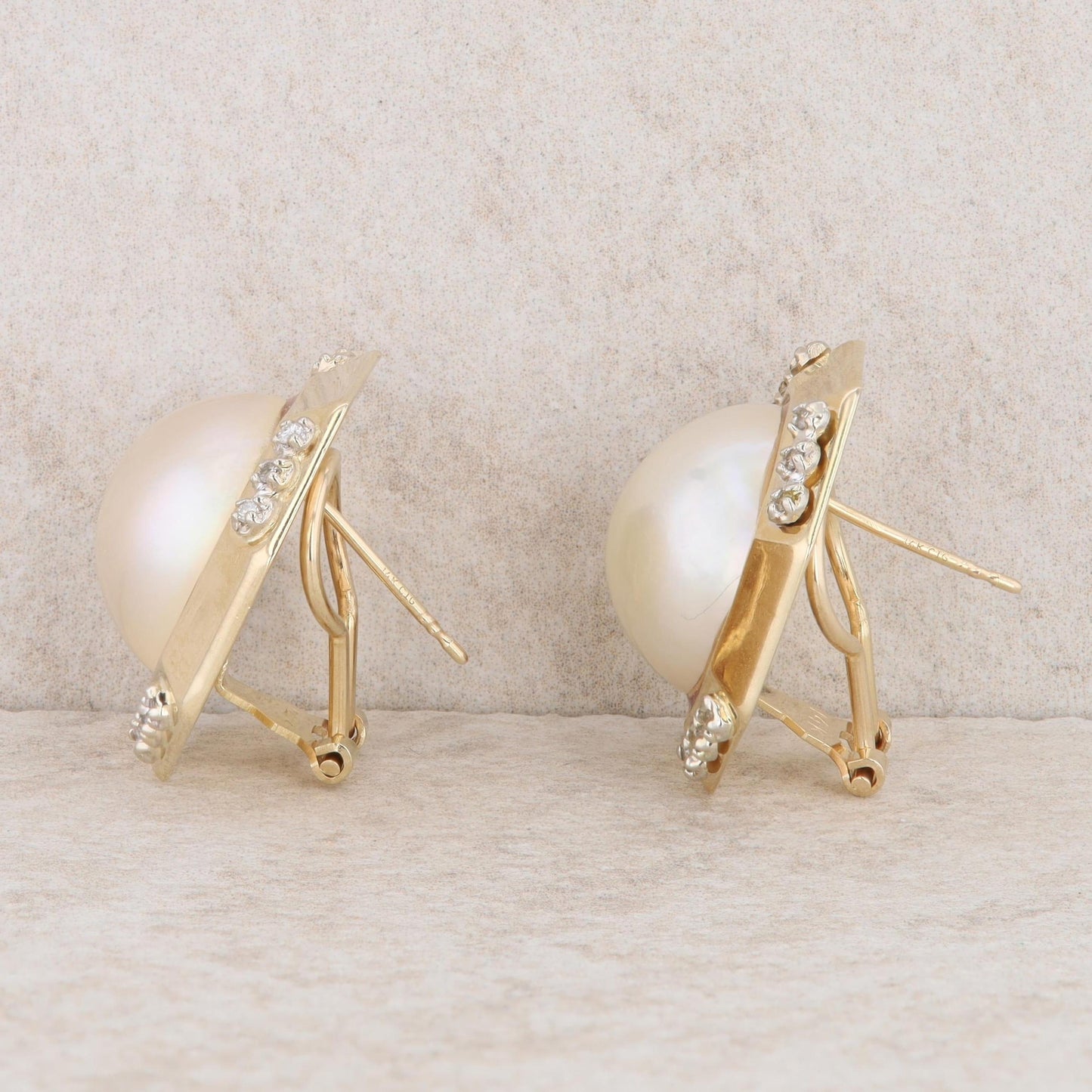 14k Yellow Gold Round Mabe Pearl & Diamond Octagon Stud Earrings