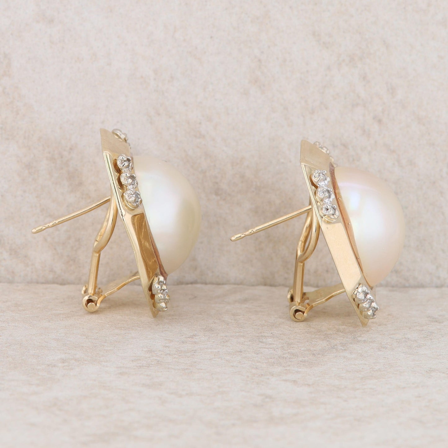 14k Yellow Gold Round Mabe Pearl & Diamond Octagon Stud Earrings