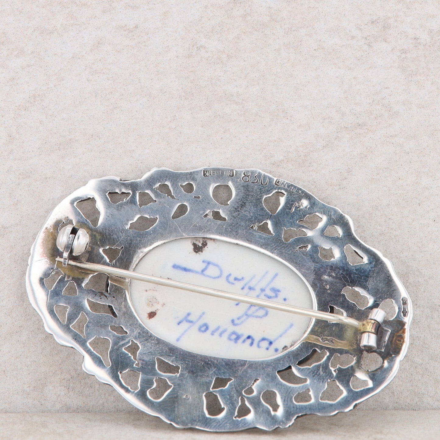 European Silver 830 Delfts Holland Floral Frame Brooch