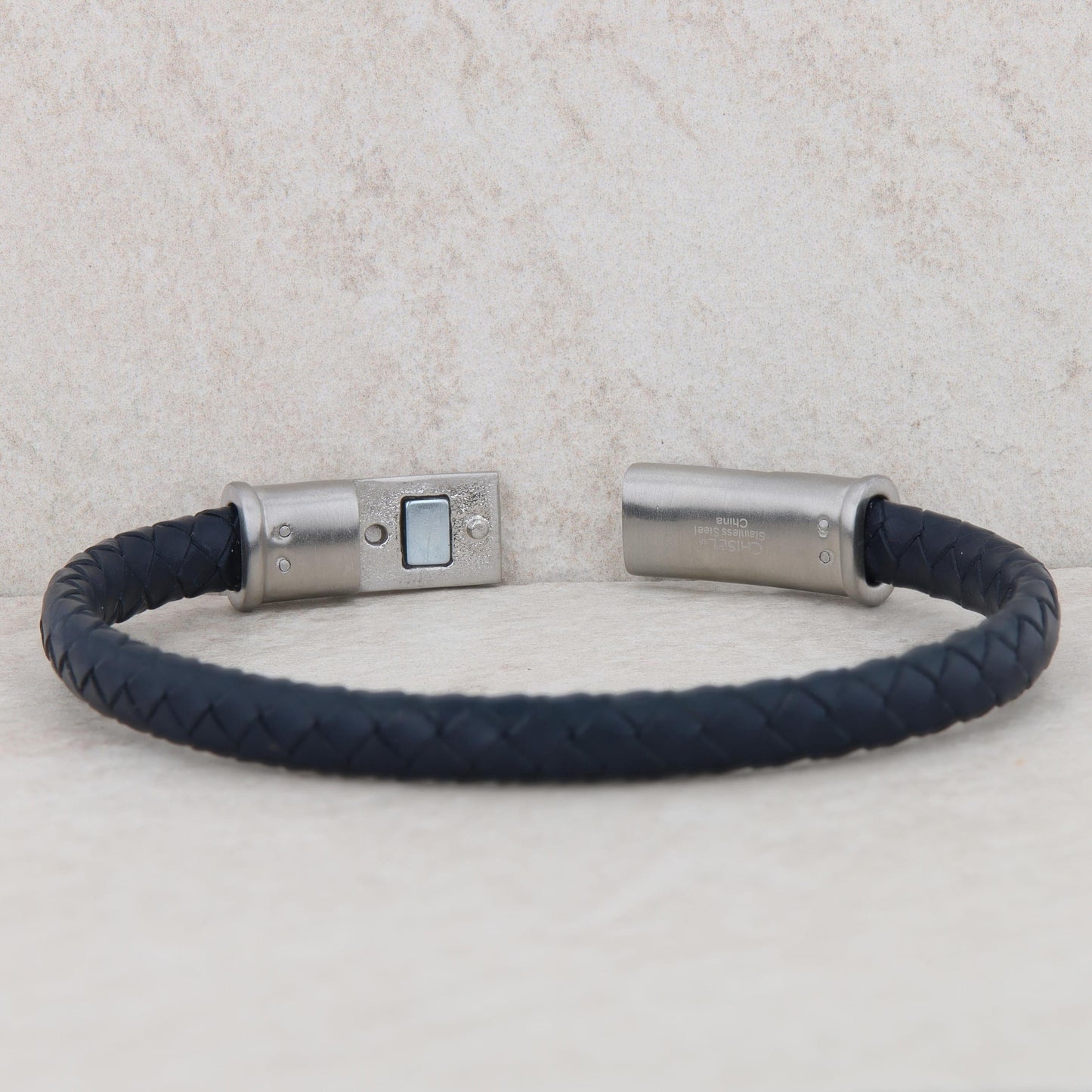 Stainless Steel Men's Braided Blue Leather Bracelet