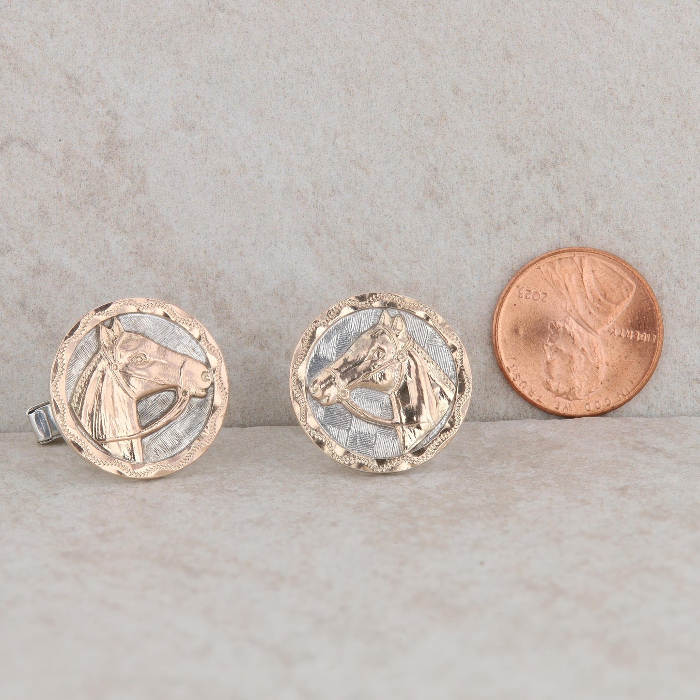 10k Rose Gold And Sterling Silver Textured Horse Men's Cufflinks