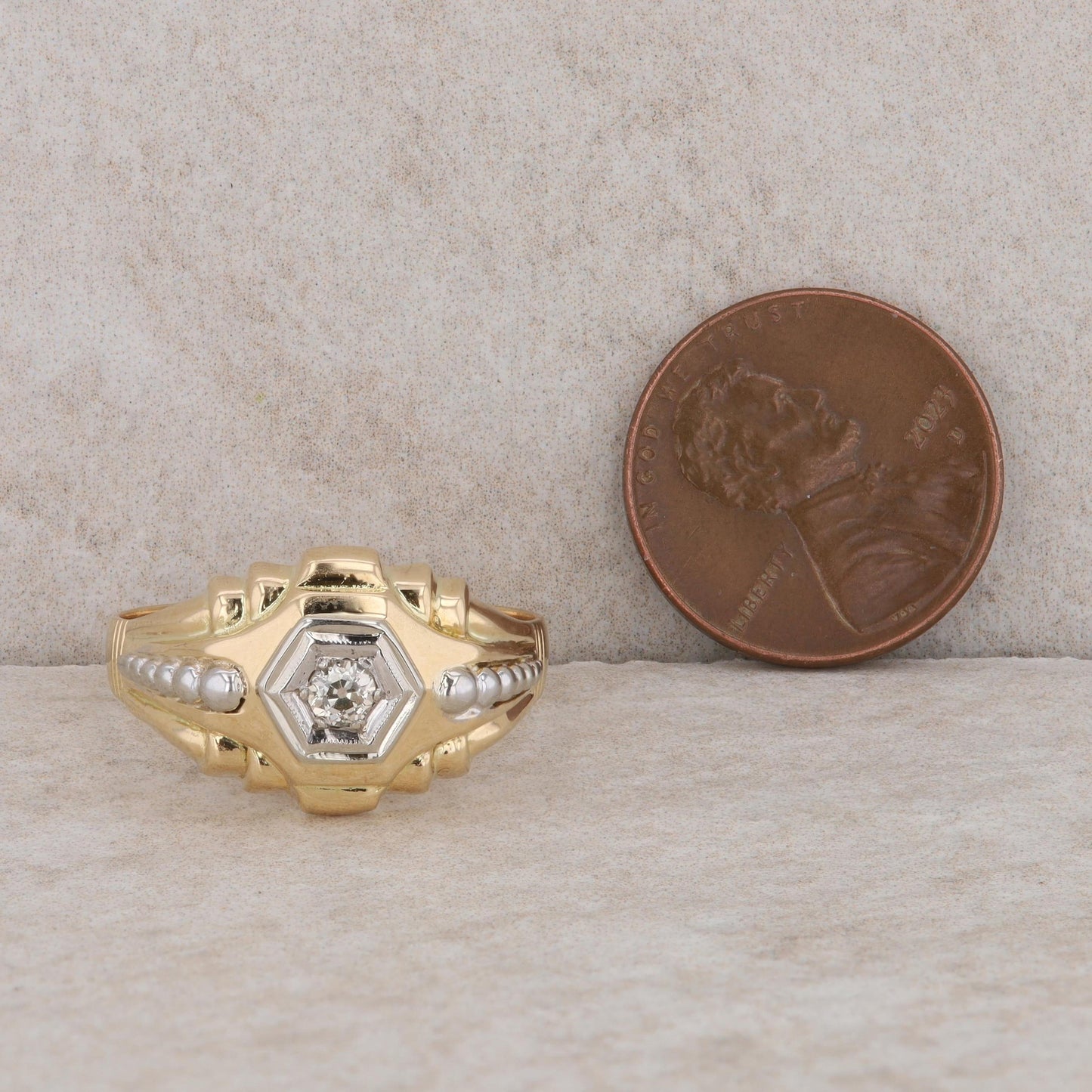 18k Two-Tone Gold Geometric Solitaire Diamond Men's Ring