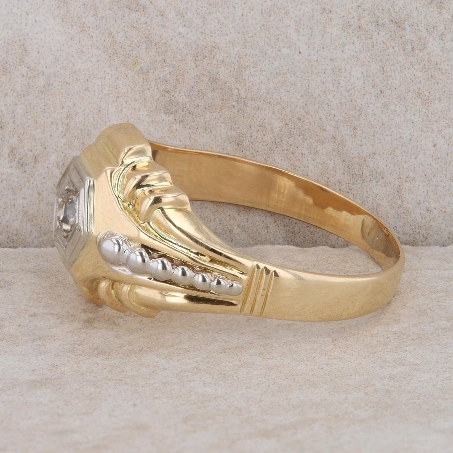 18k Two-Tone Gold Geometric Solitaire Diamond Men's Ring