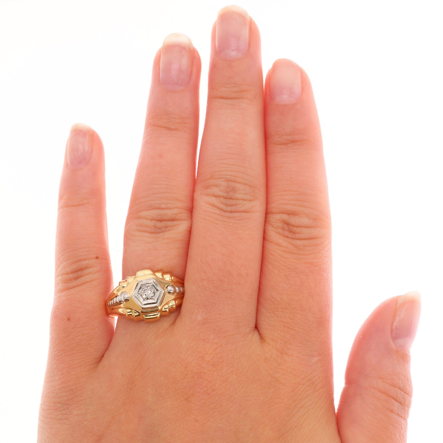 18k Two-Tone Gold Geometric Solitaire Diamond Men's Ring