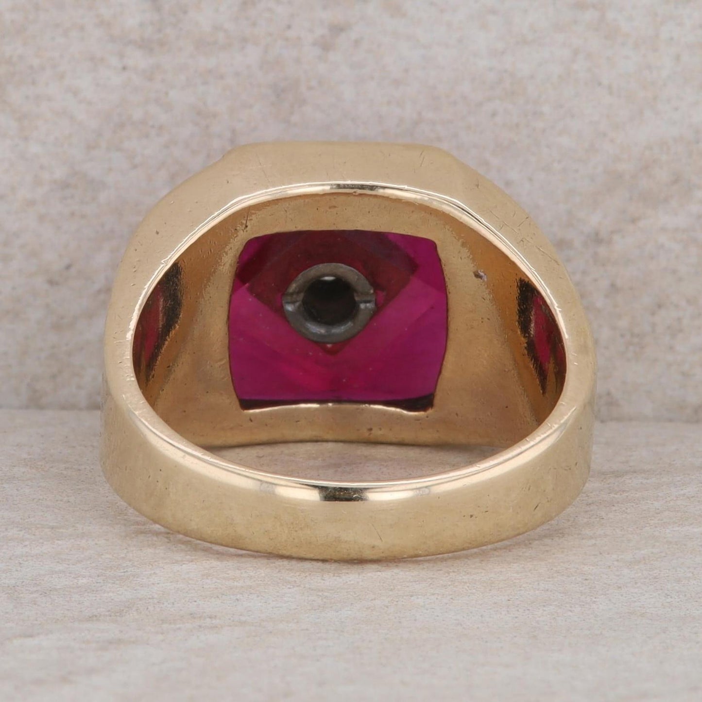 10k Yellow Gold Buff Top Synthetic Ruby & Diamond Textured Men's Ring