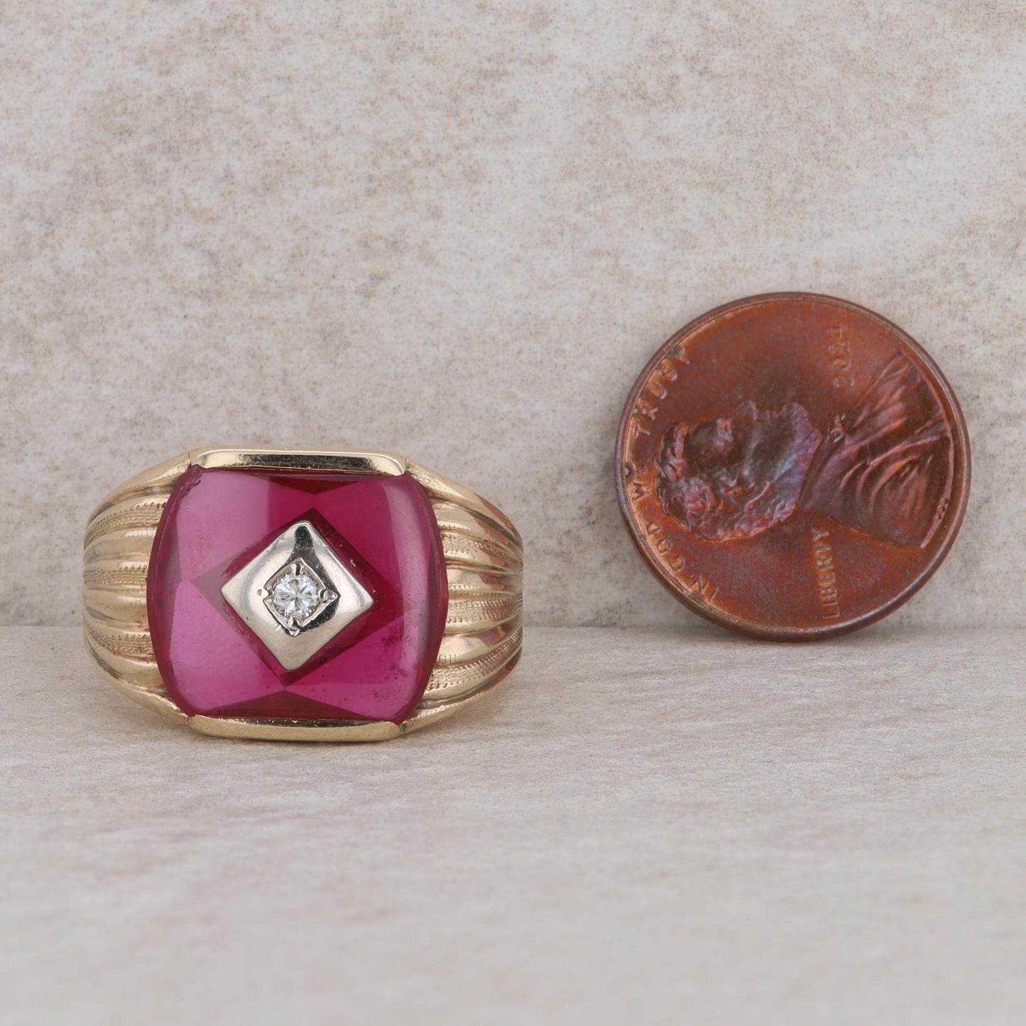 10k Yellow Gold Buff Top Synthetic Ruby & Diamond Textured Men's Ring