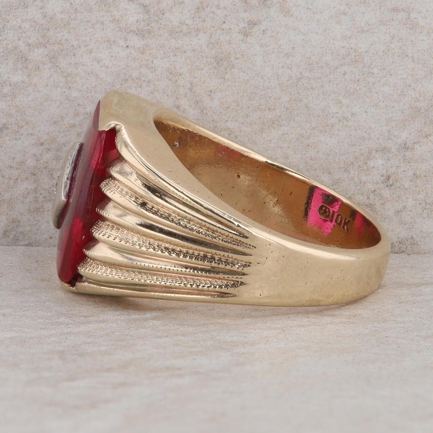 10k Yellow Gold Buff Top Synthetic Ruby & Diamond Textured Men's Ring