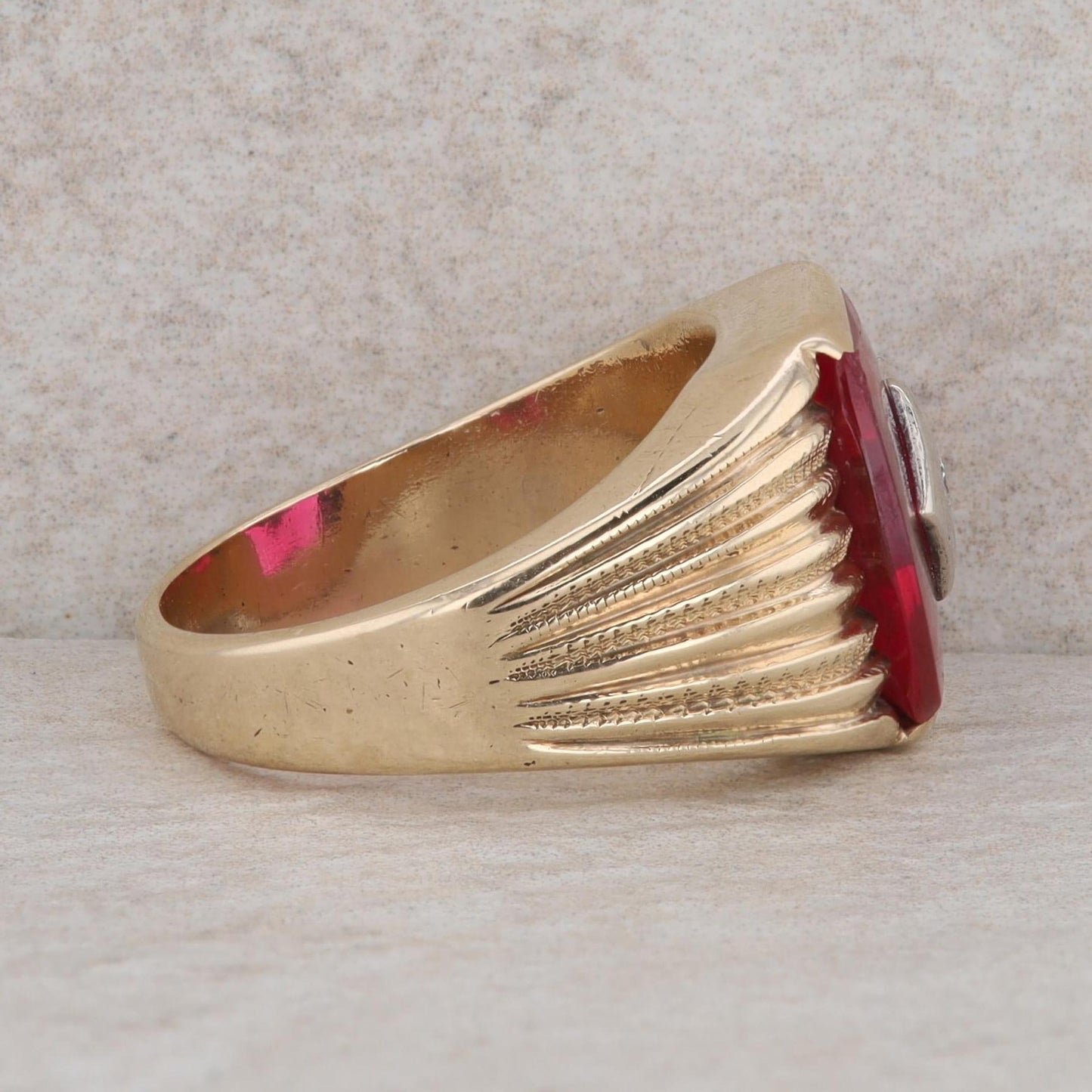 10k Yellow Gold Buff Top Synthetic Ruby & Diamond Textured Men's Ring