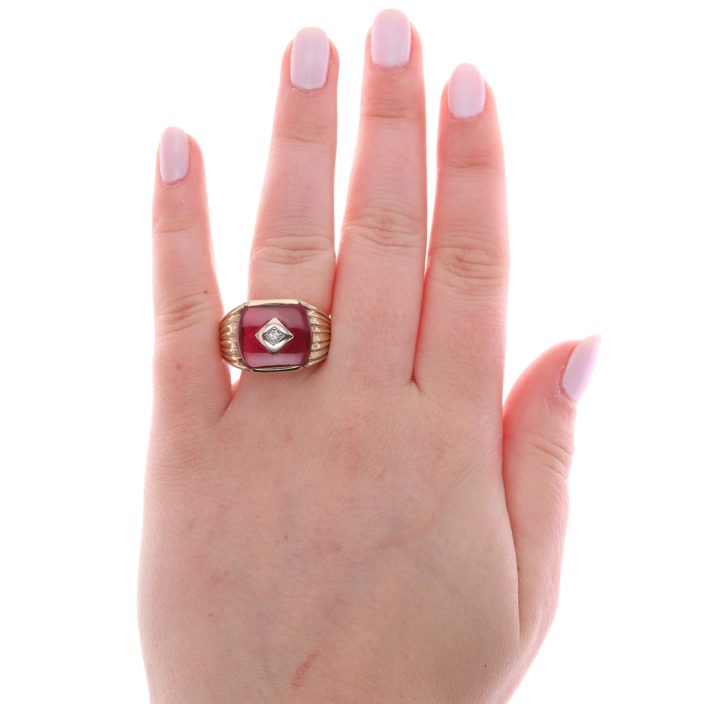 10k Yellow Gold Buff Top Synthetic Ruby & Diamond Textured Men's Ring