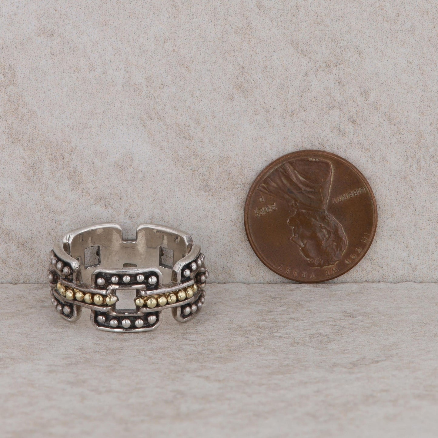 Sterling Silver and 18k Yellow Gold Beaded Chain Link Style Band Ring
