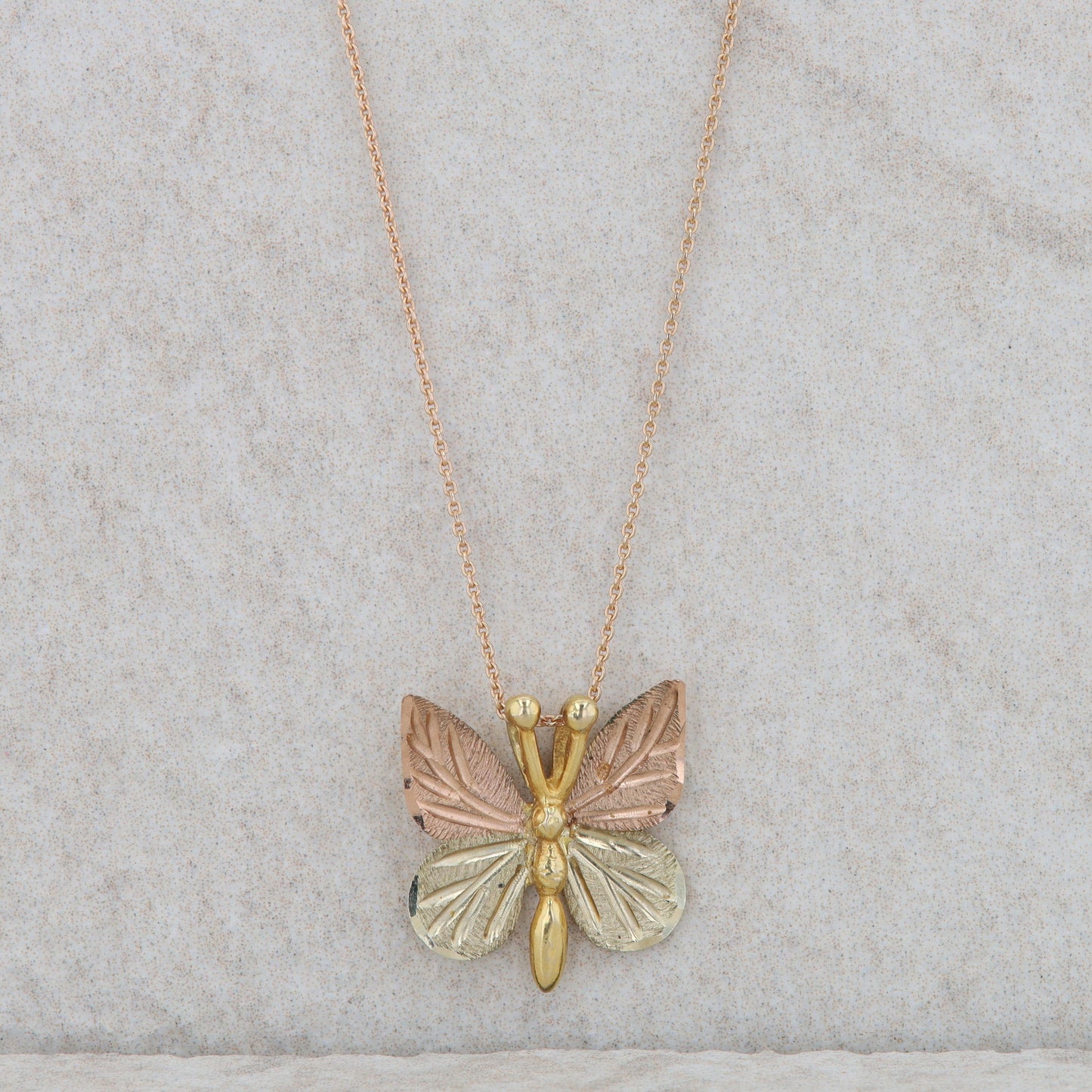 12k+10k Yellow and Rose Gold Butterfly on 14k Rose Necklace 2.00g