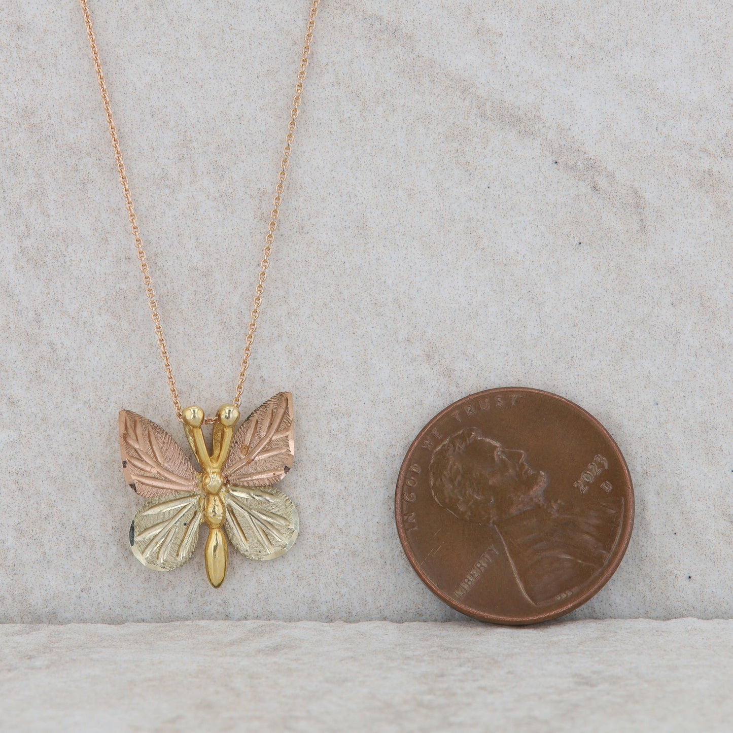 12k+10k Yellow and Rose Gold Butterfly on 14k Rose Necklace 2.00g