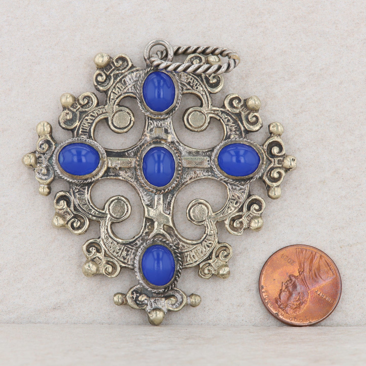 Vintage Style Silver Toned Blue Glass Cross Pendant