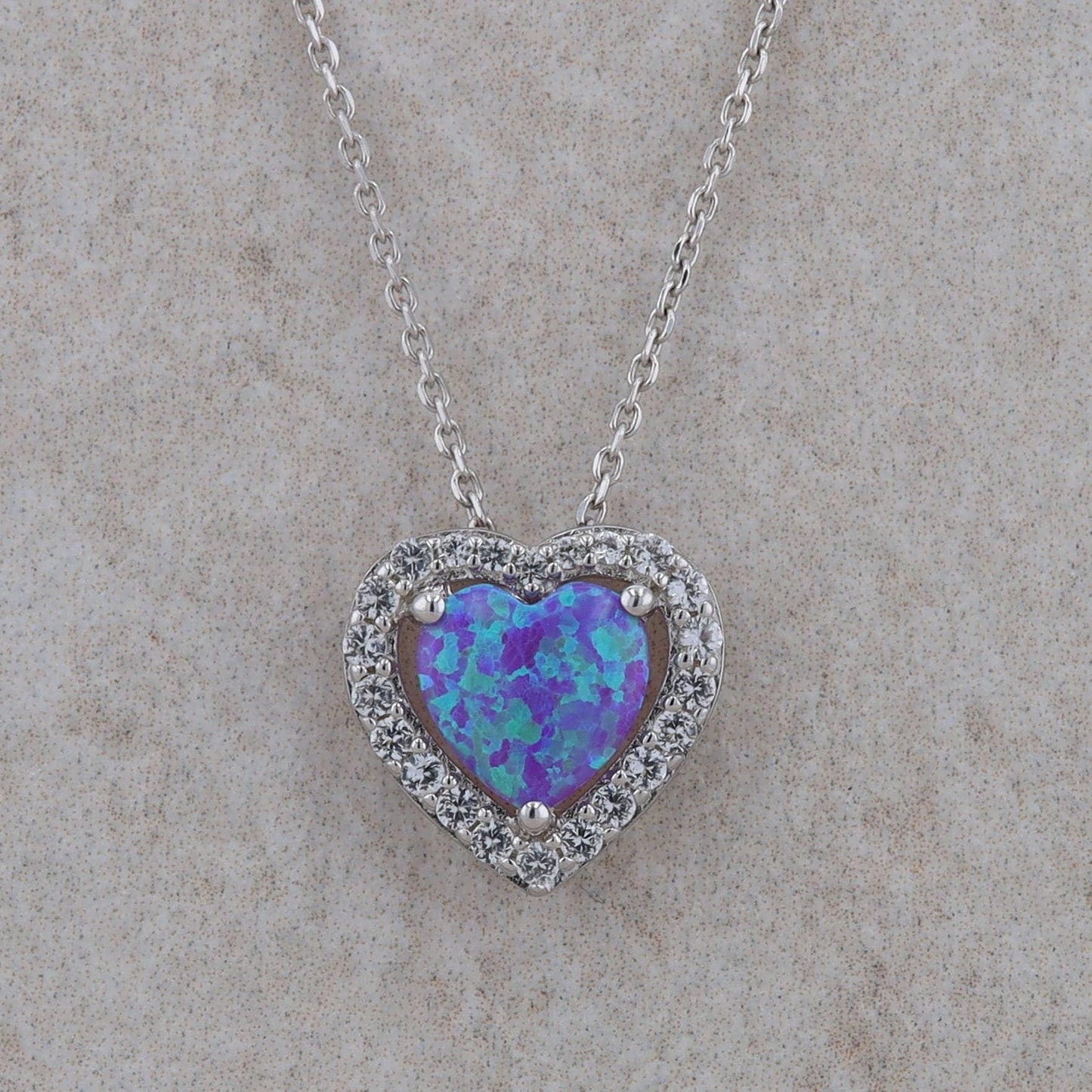Sterling Silver Heart Synthetic Opal and Cubic Zirconia Necklace