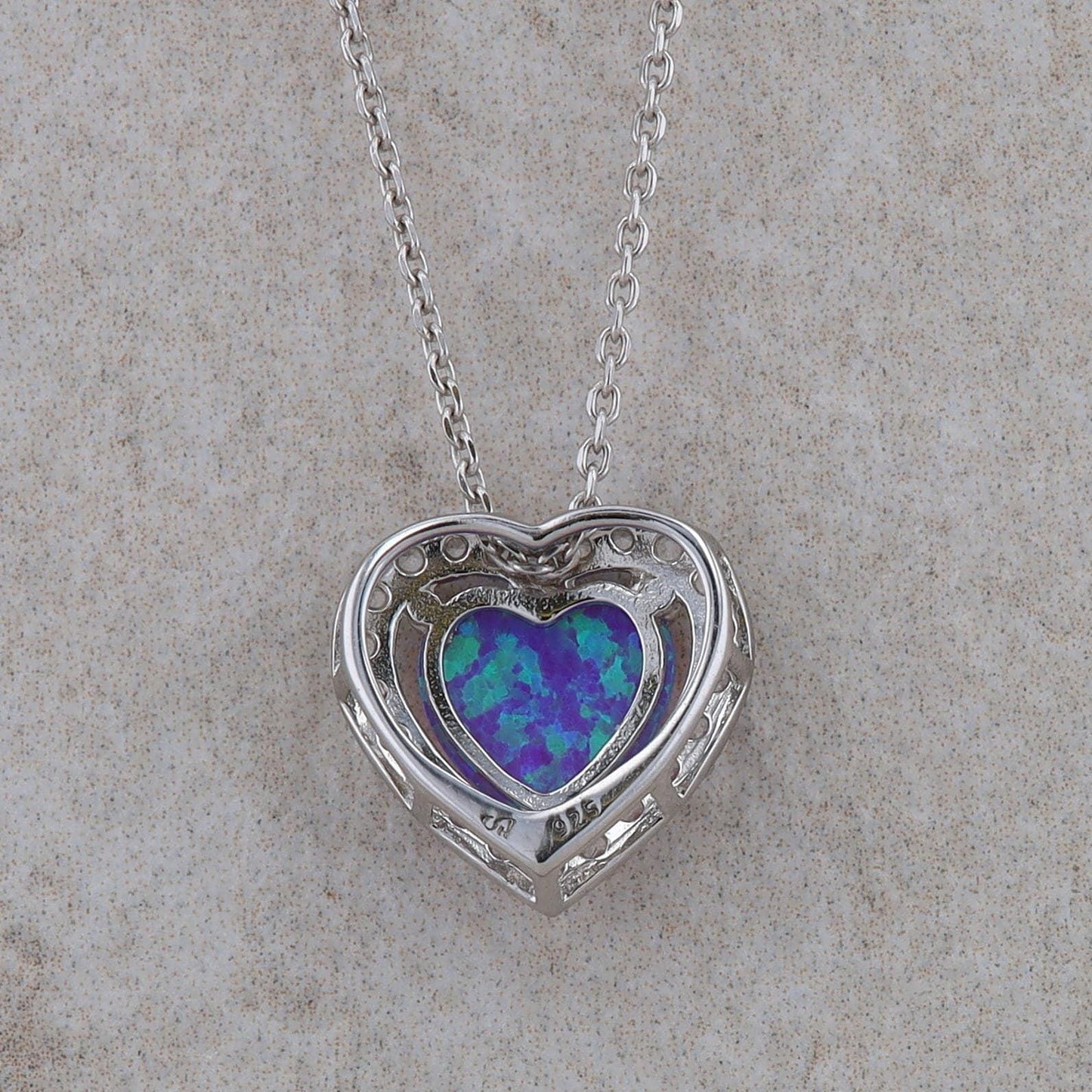 Sterling Silver Heart Synthetic Opal and Cubic Zirconia Necklace