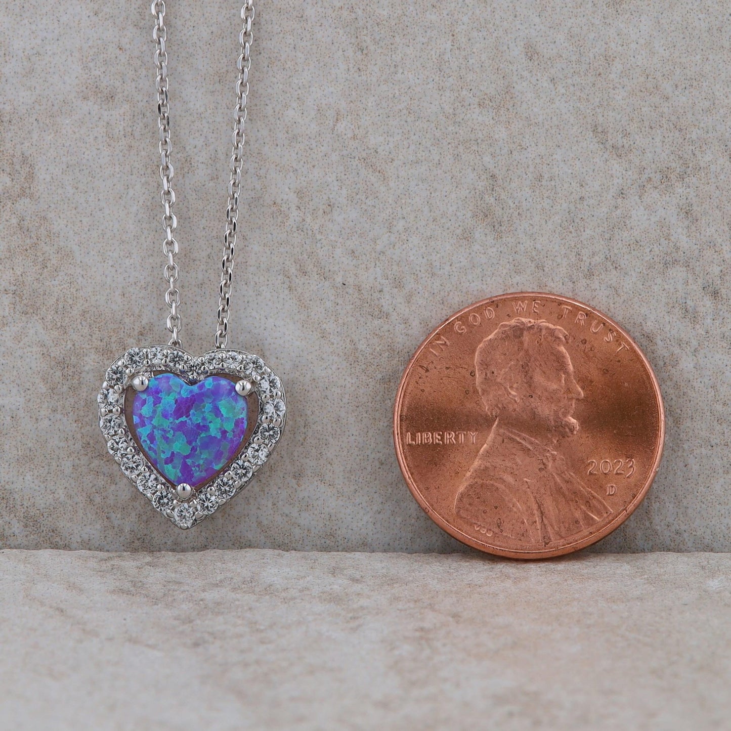 Sterling Silver Heart Synthetic Opal and Cubic Zirconia Necklace