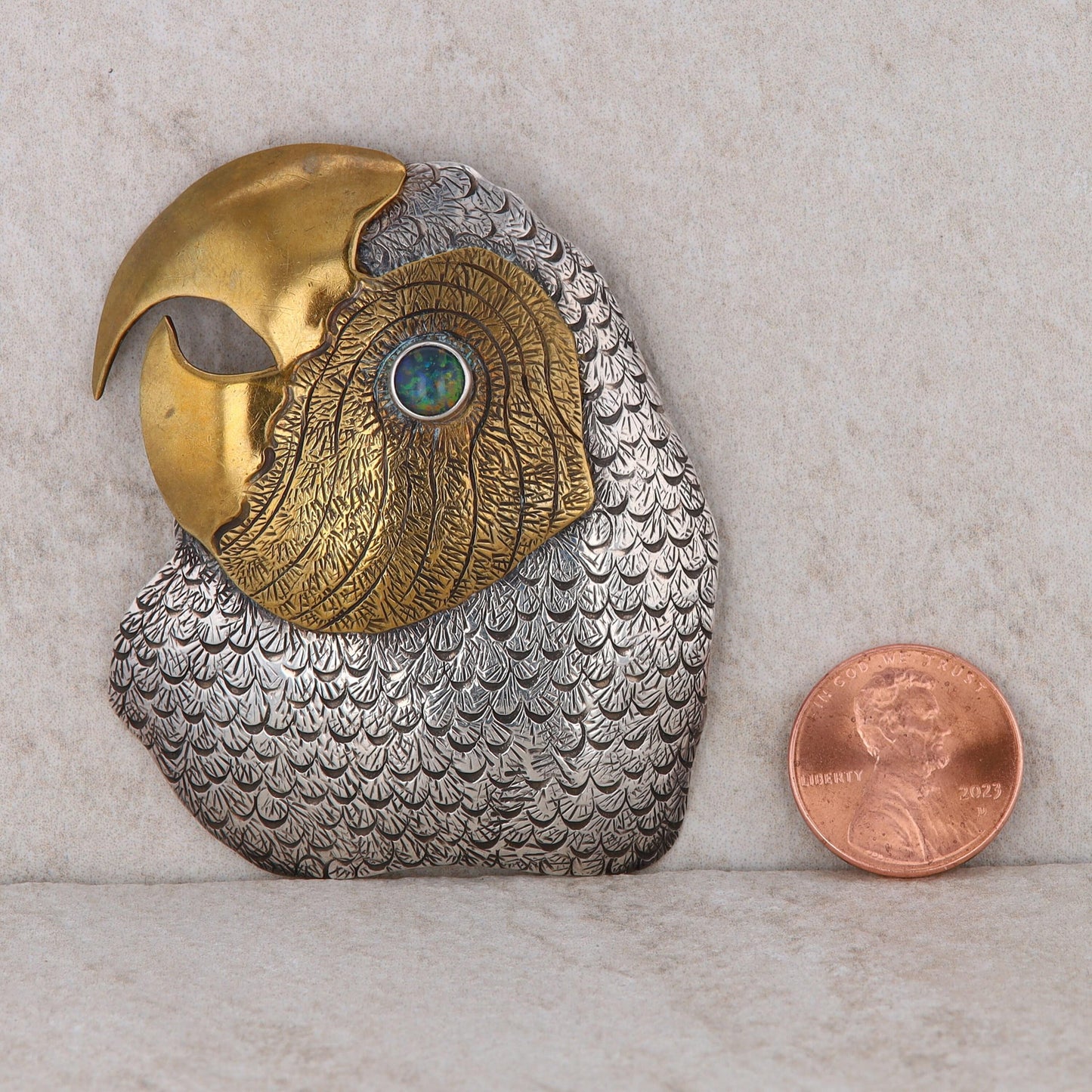 Sterling "Courtney Parrots" Head Brooch w/ Syn. Opal Eye, 23.56g