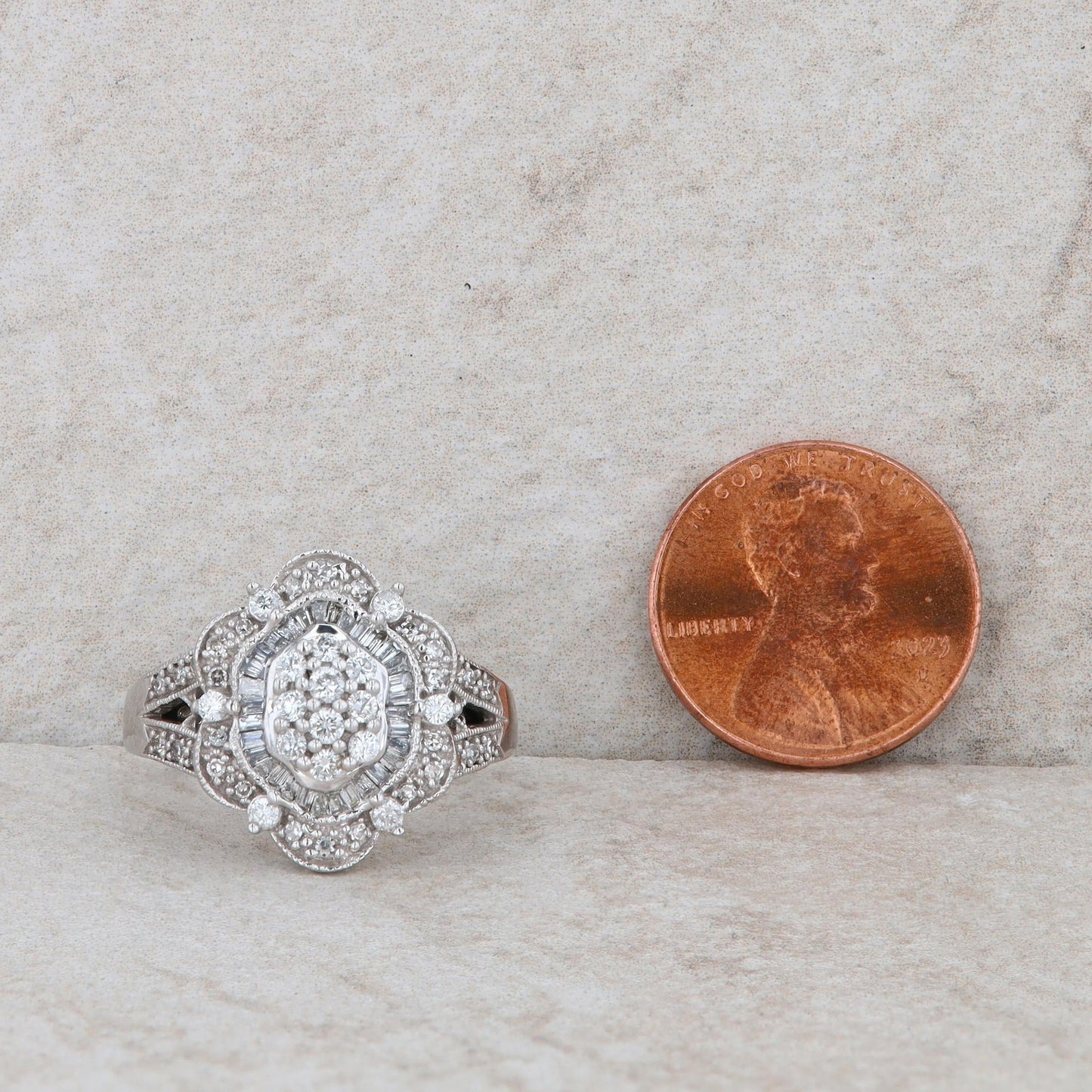 14k White Round and Baguette Cluster Diamond Ring