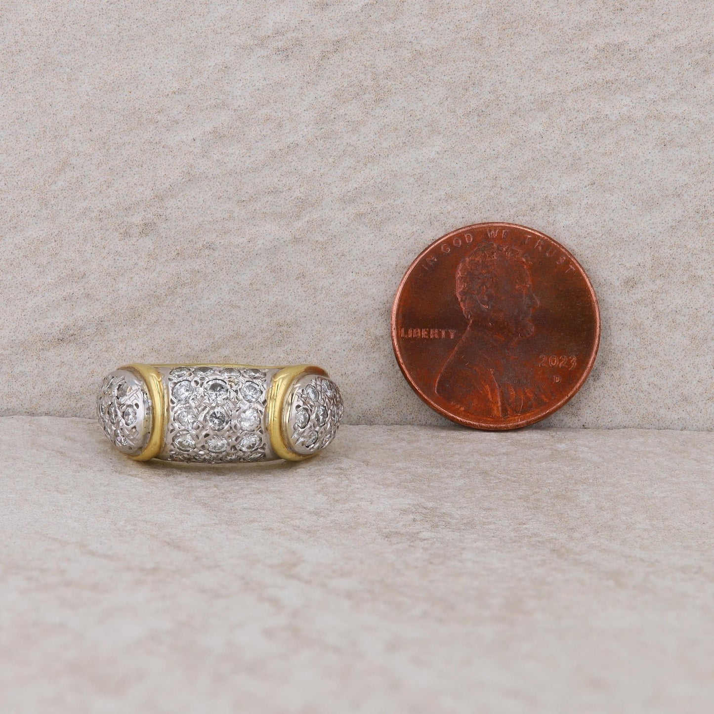 18k Yellow and White Gold Diamond Pave Domed Ring