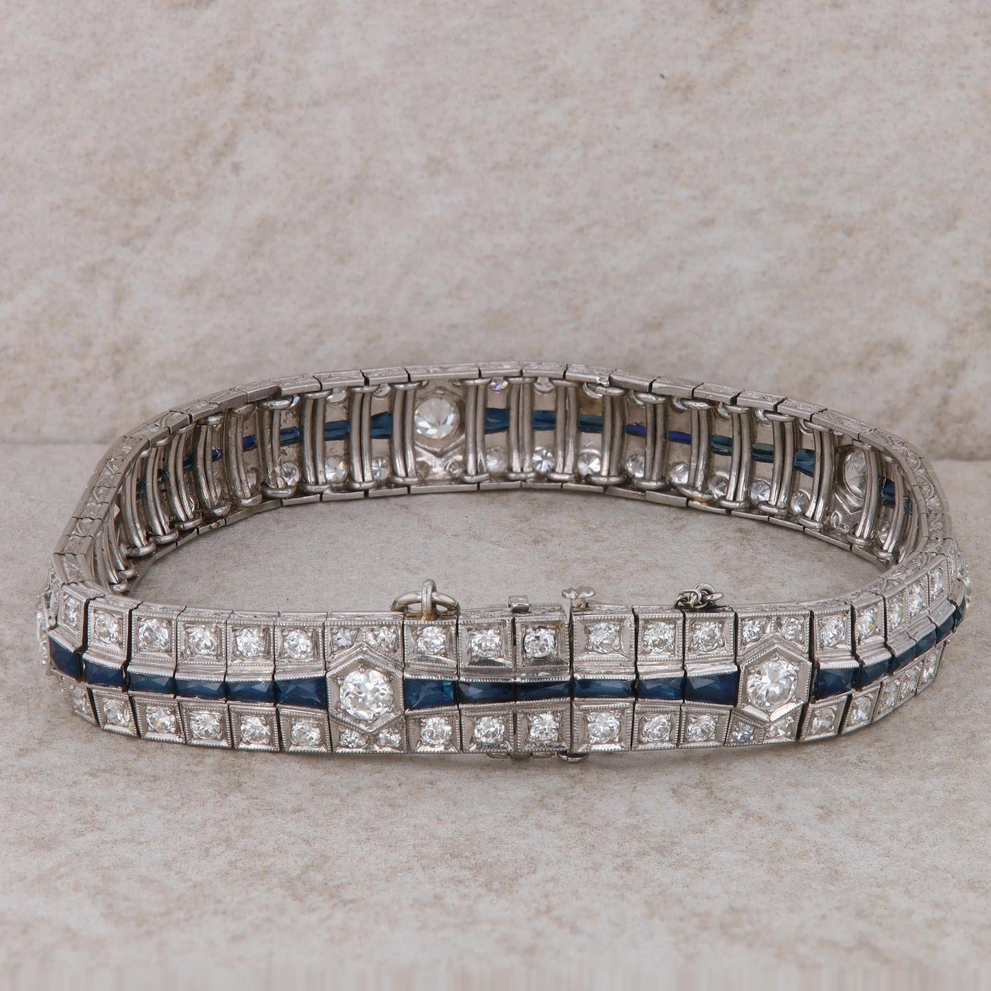 14k White Gold Sapphire and Diamond Art Deco Bracelet 7.5" 39.28 g