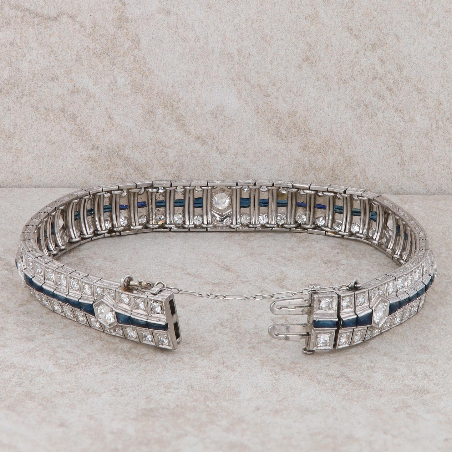 14k White Gold Sapphire and Diamond Art Deco Bracelet 7.5" 39.28 g