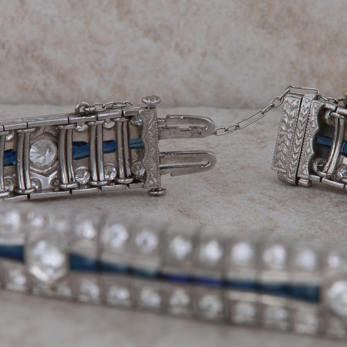 14k White Gold Sapphire and Diamond Art Deco Bracelet 7.5" 39.28 g