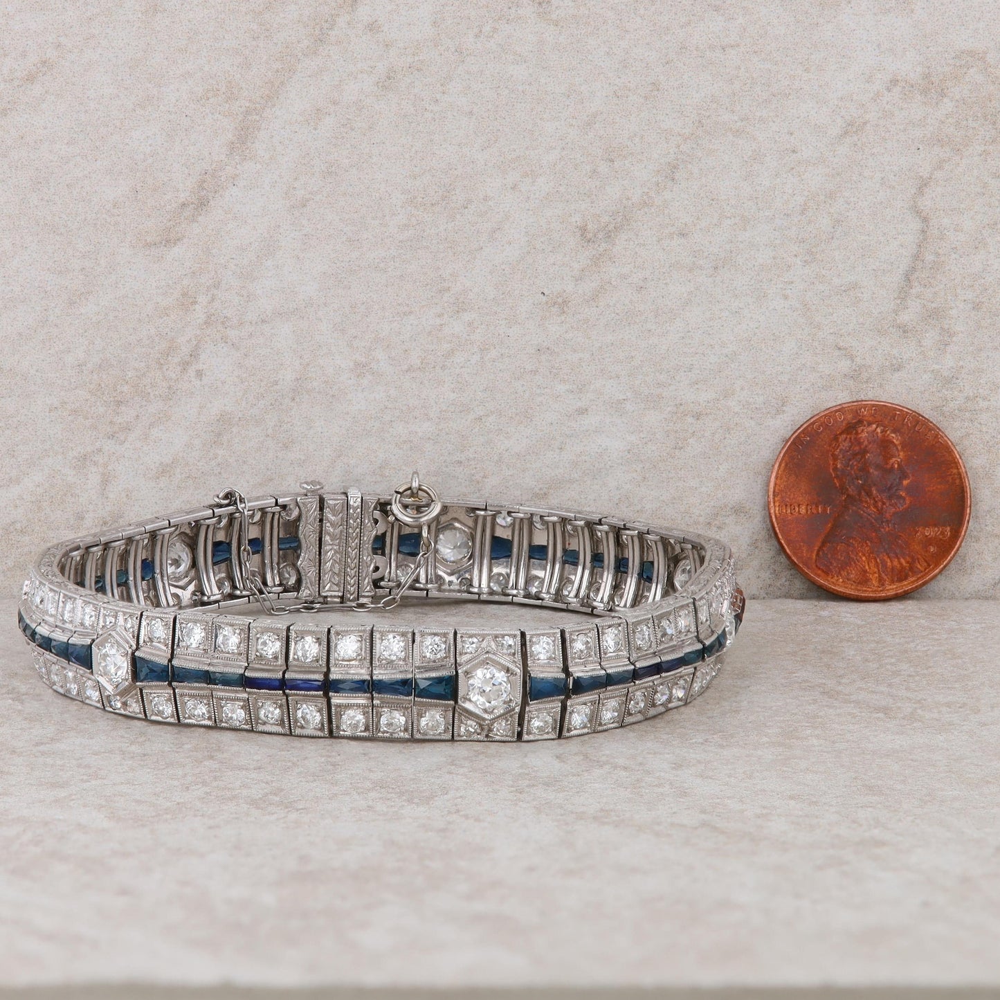 14k White Gold Sapphire and Diamond Art Deco Bracelet 7.5" 39.28 g