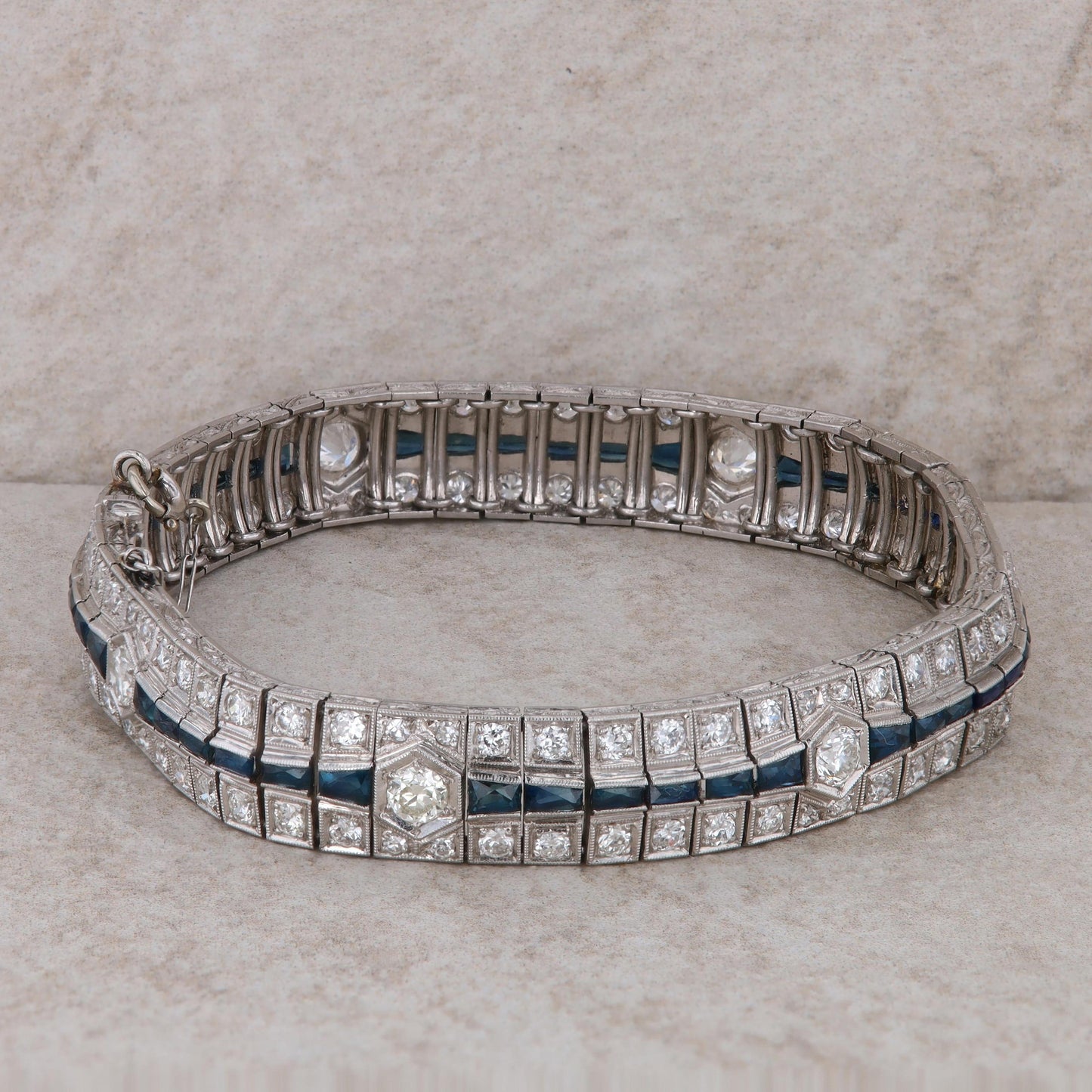 14k White Gold Sapphire and Diamond Art Deco Bracelet 7.5" 39.28 g