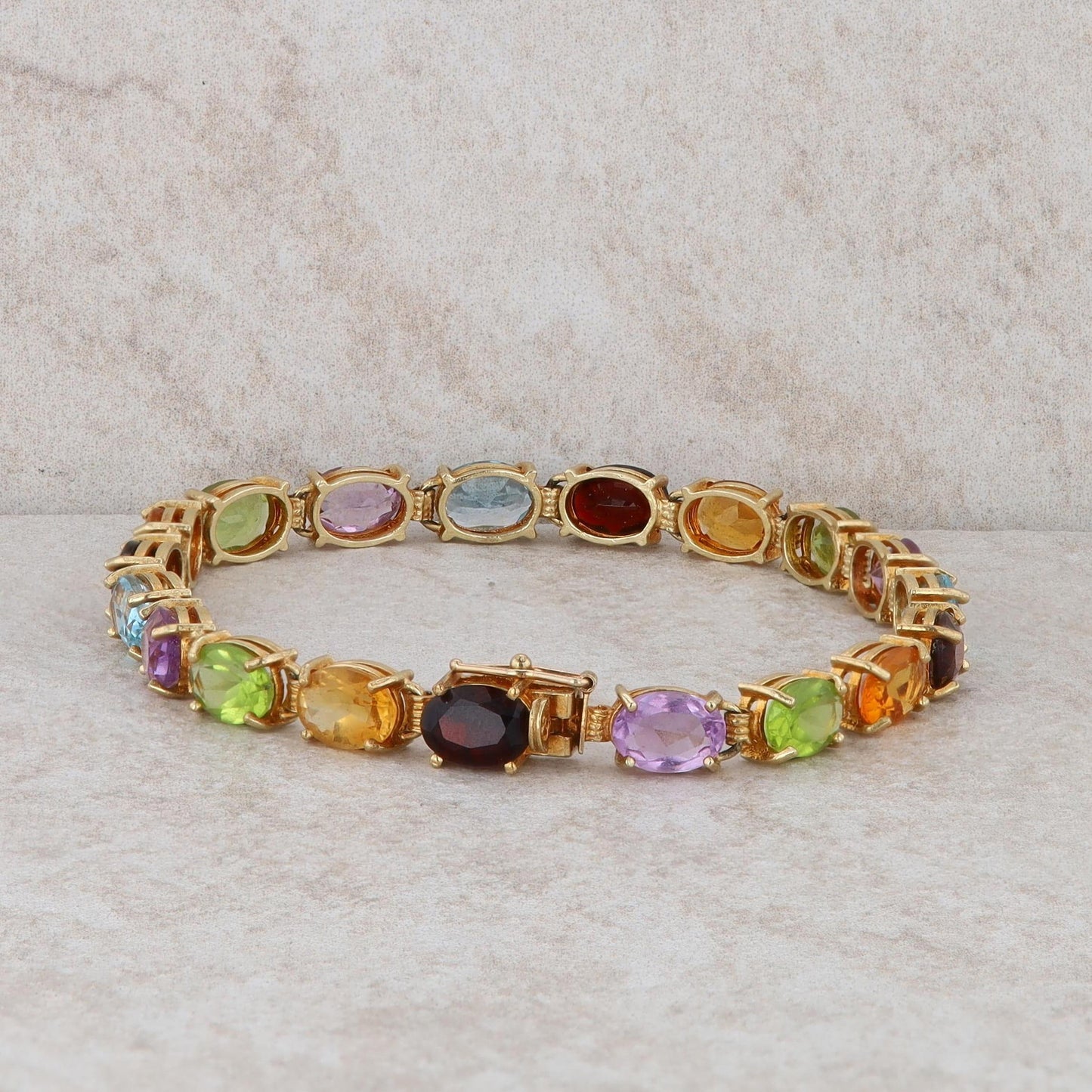 14k Yellow Gold Amethyst, Citrine, Peridot, Garnet and Blue Topaz Oval Bracelet