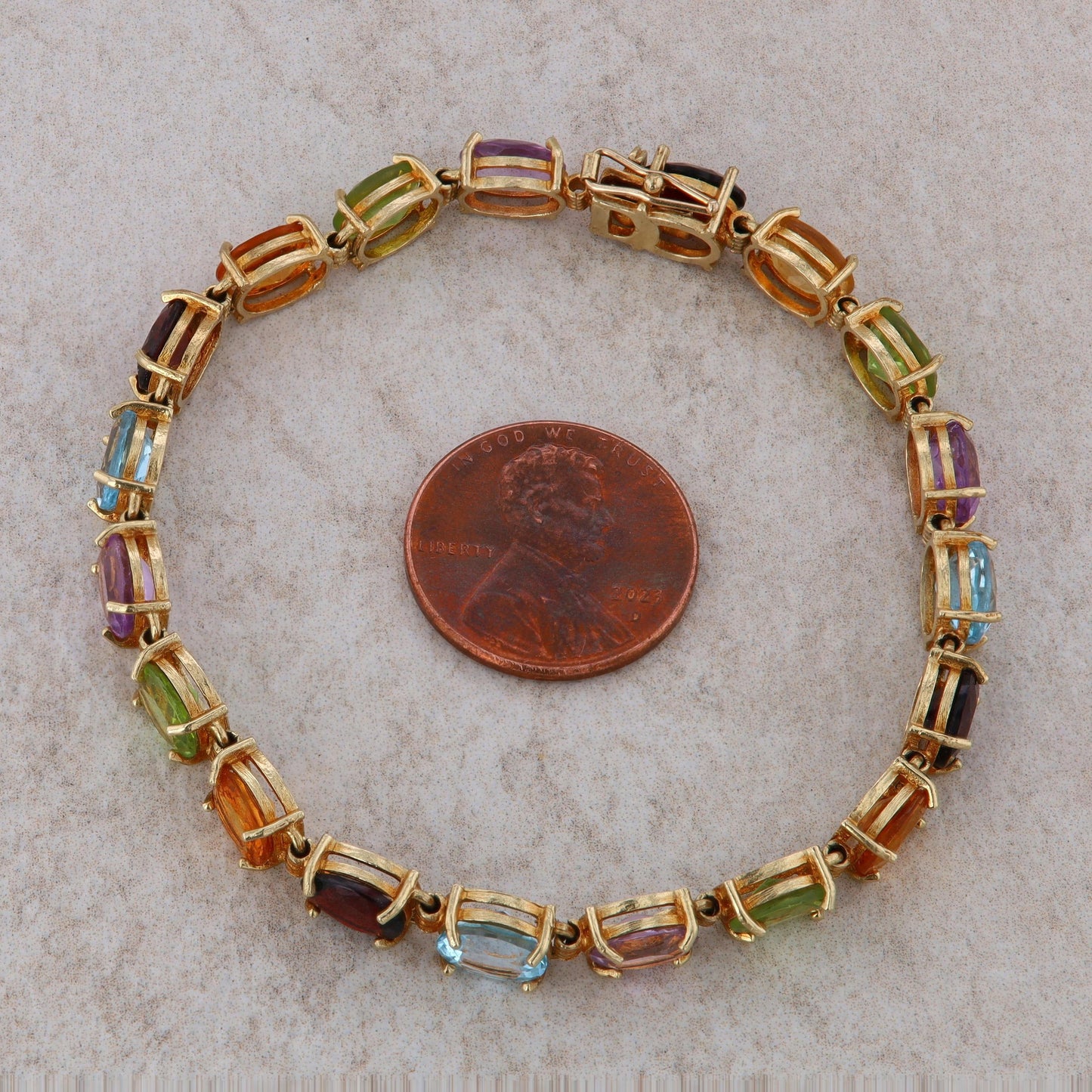 14k Yellow Gold Amethyst, Citrine, Peridot, Garnet and Blue Topaz Oval Bracelet