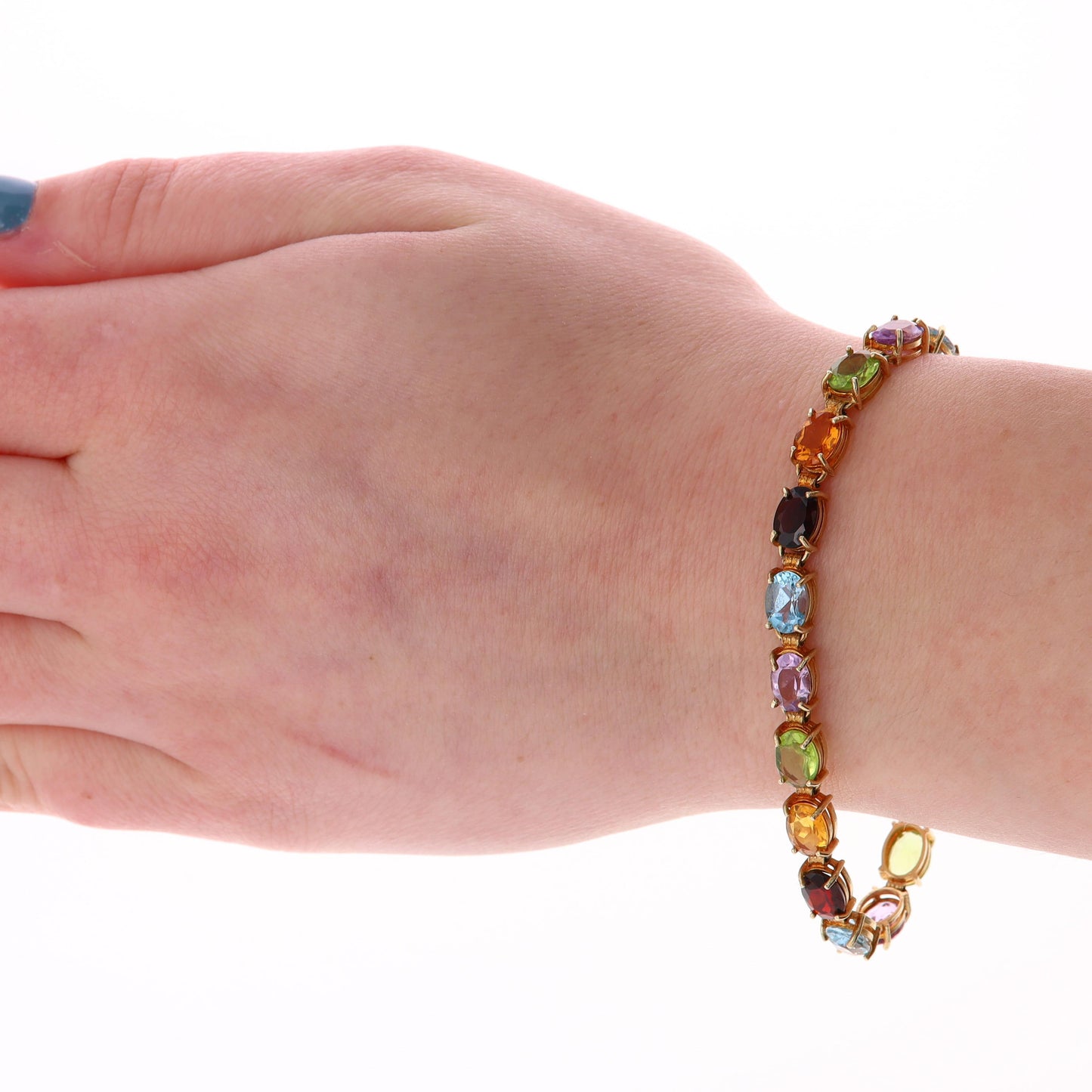 14k Yellow Gold Amethyst, Citrine, Peridot, Garnet and Blue Topaz Oval Bracelet
