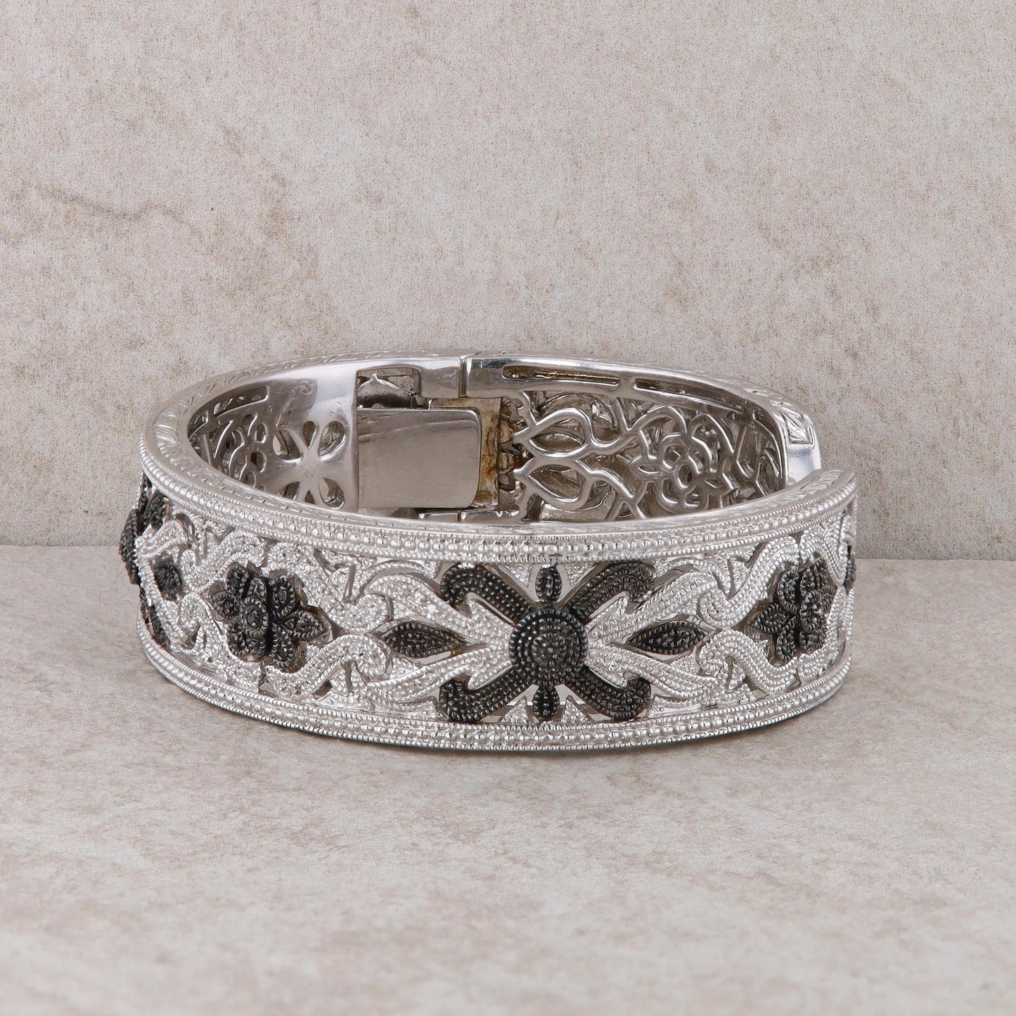 Sterling Silver RPG Black and White Diamond Bangle Cuff